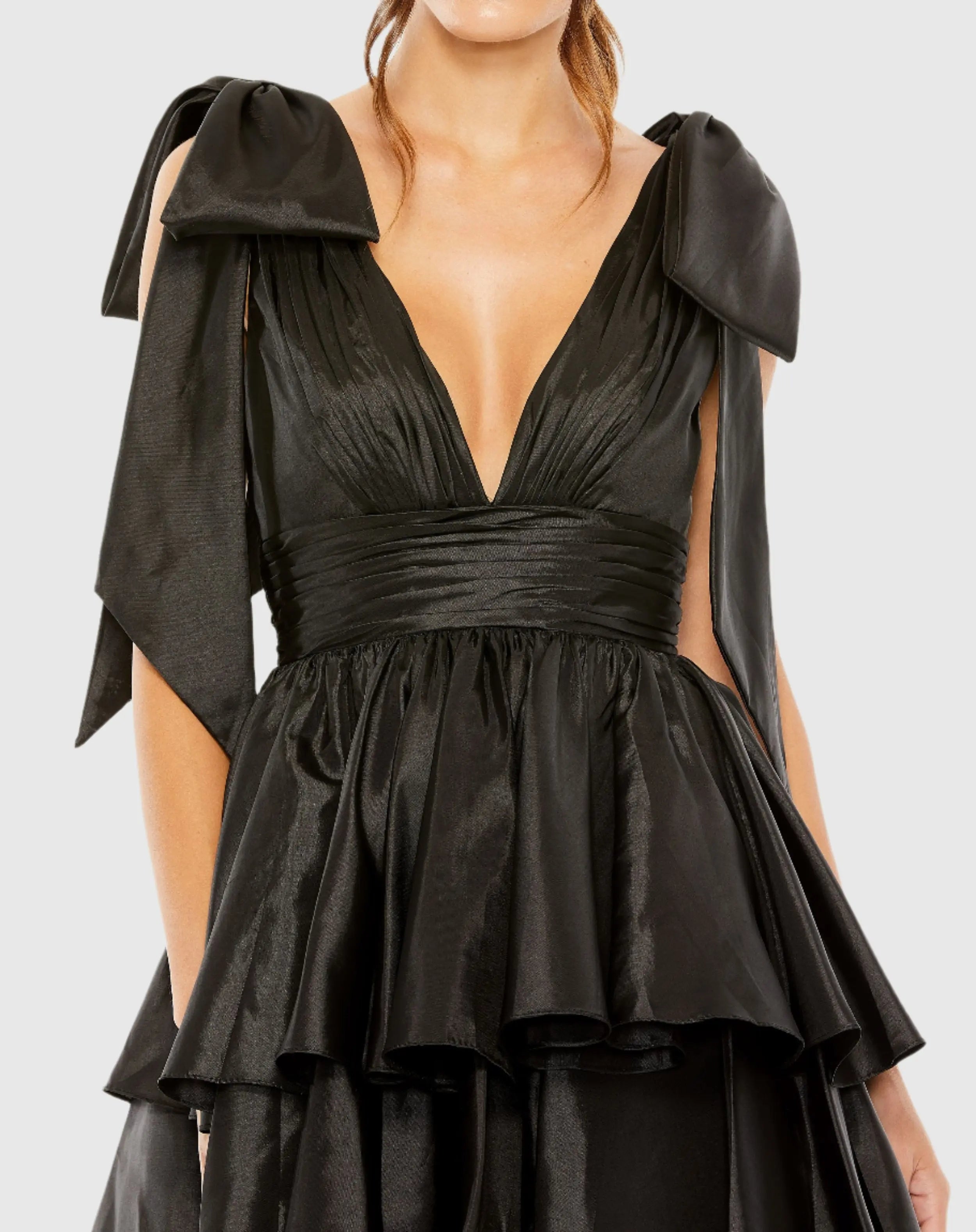 Black Oversized Bow Deep V Ruffle Mini Dress - Mac Duggal