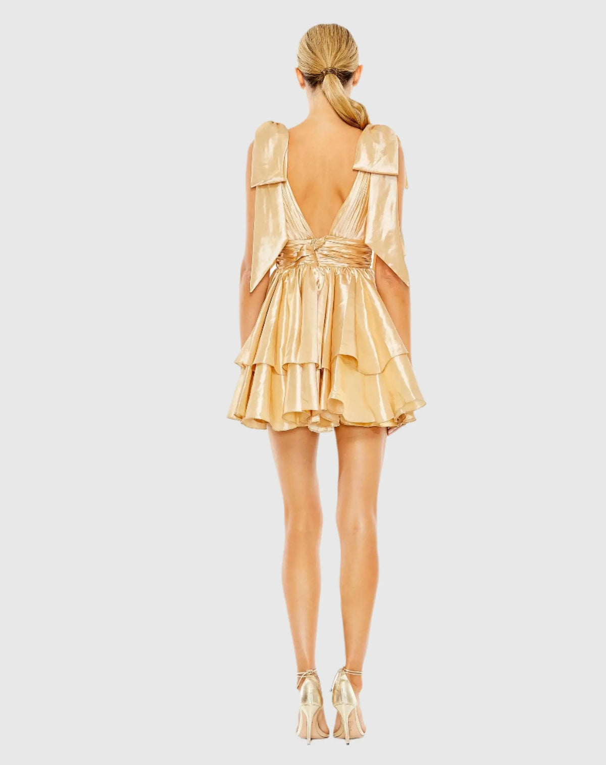 Gold Ruffles Gold Oversized Bow Deep V Ruffle Mini Dress - Mac Duggal