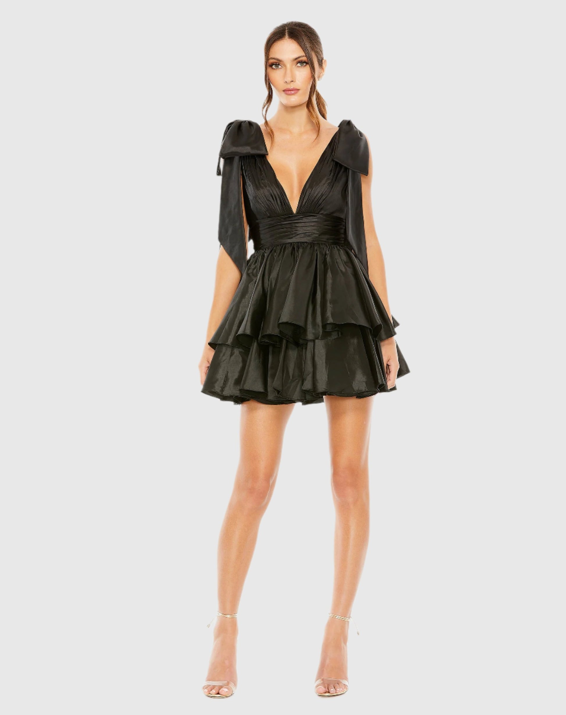 Oversized Bow Deep V Ruffle Mini Dress