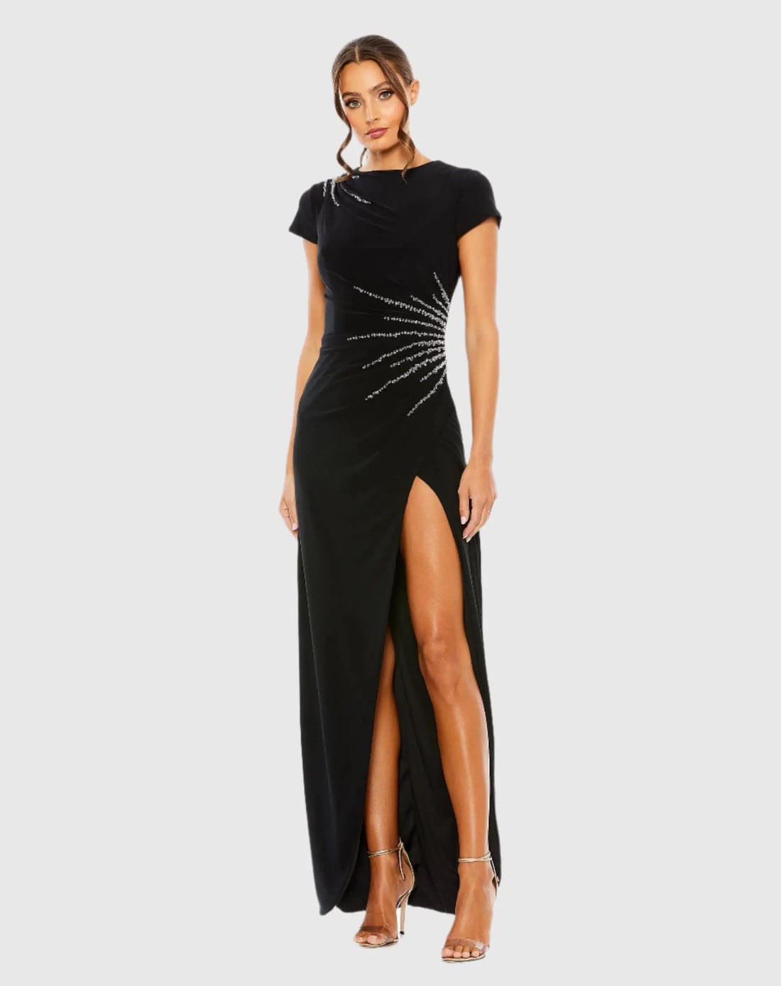 black dress side slits Slit Gown with Side Beaded Detail