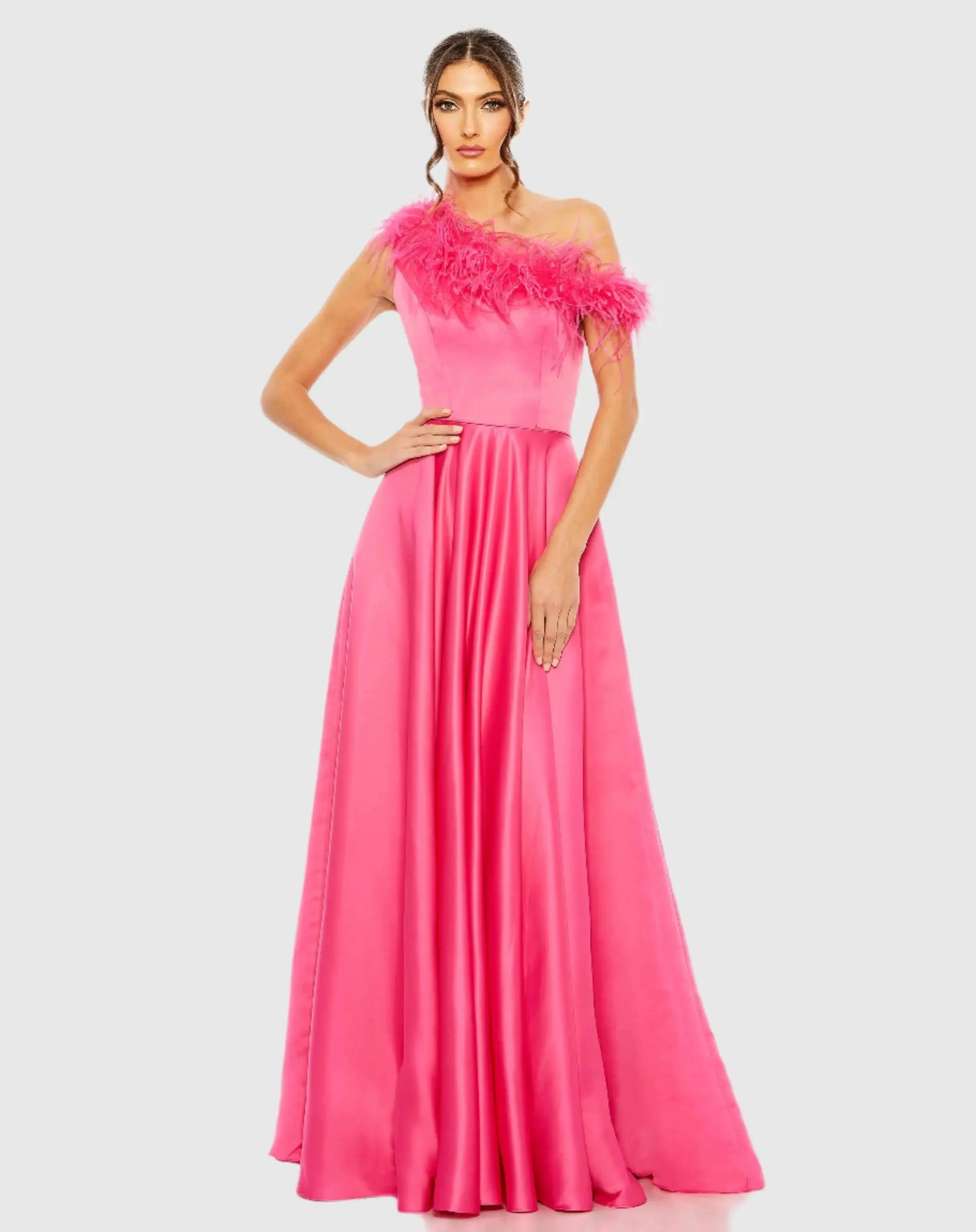 Pink One Shoulder A Line Gown With Feather Detail - Mac Duggal