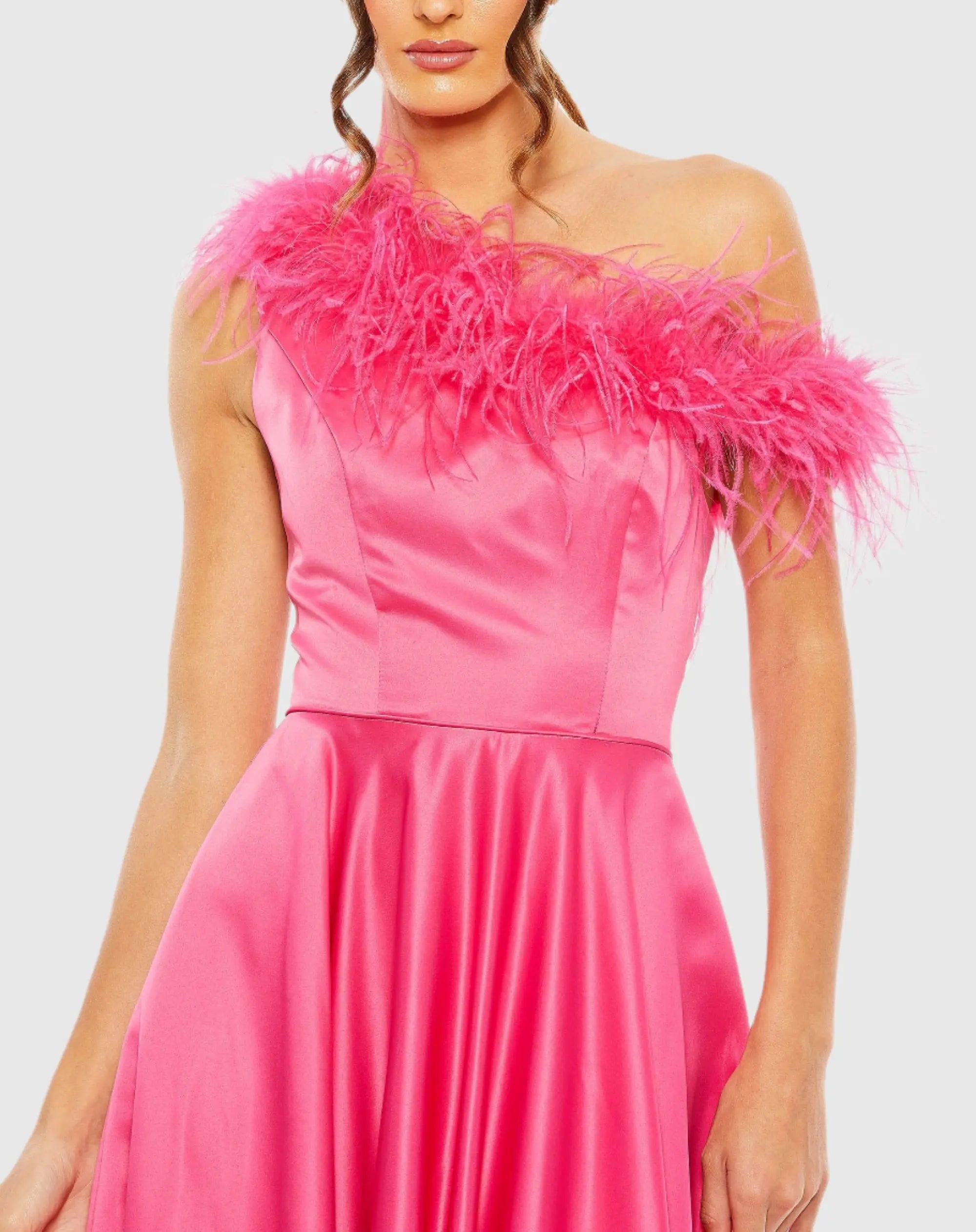Pink One Shoulder A Line Gown With Feather Detail - Mac Duggal