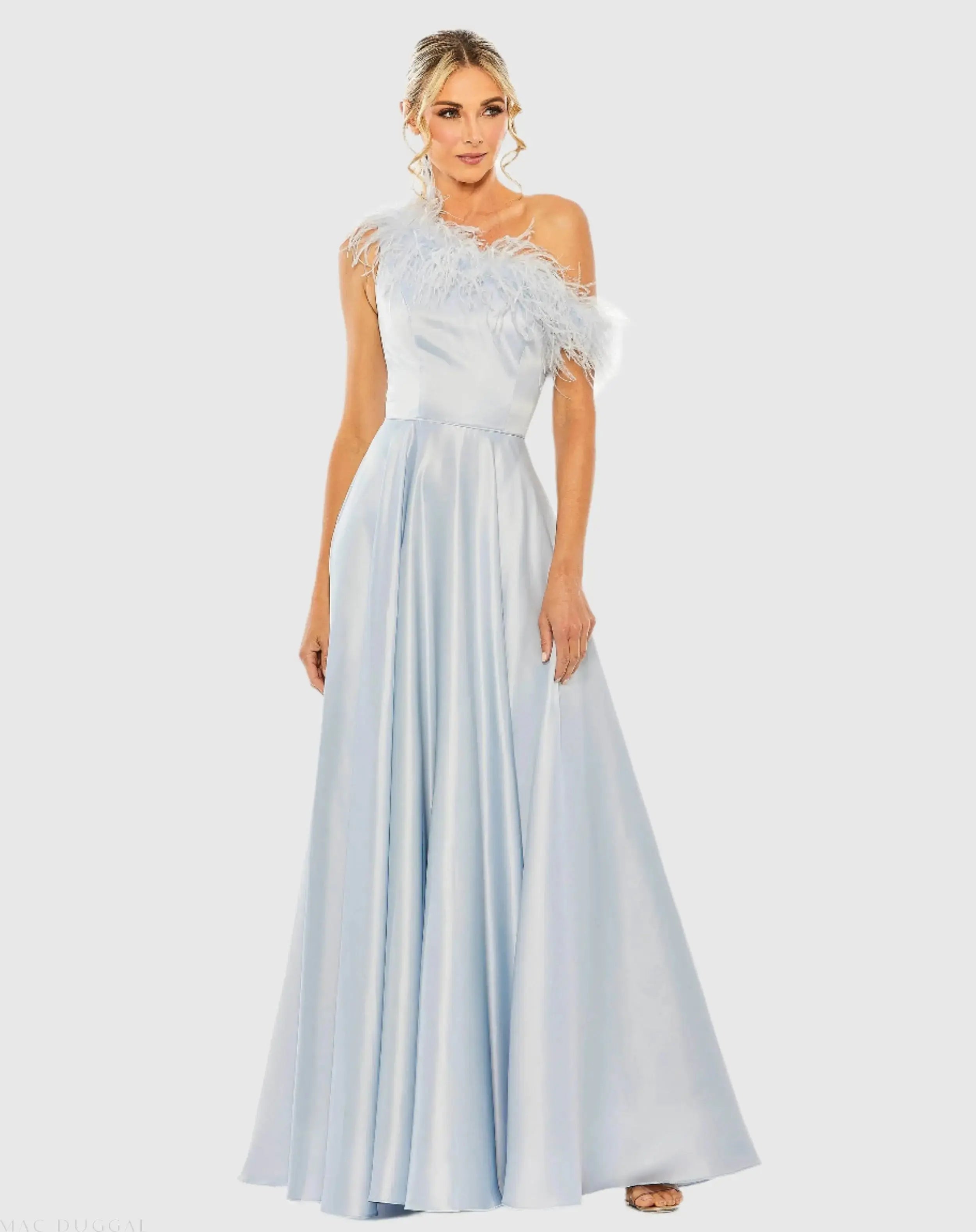 Blue One Shoulder A Line Gown With Feather Detail - Mac Duggal