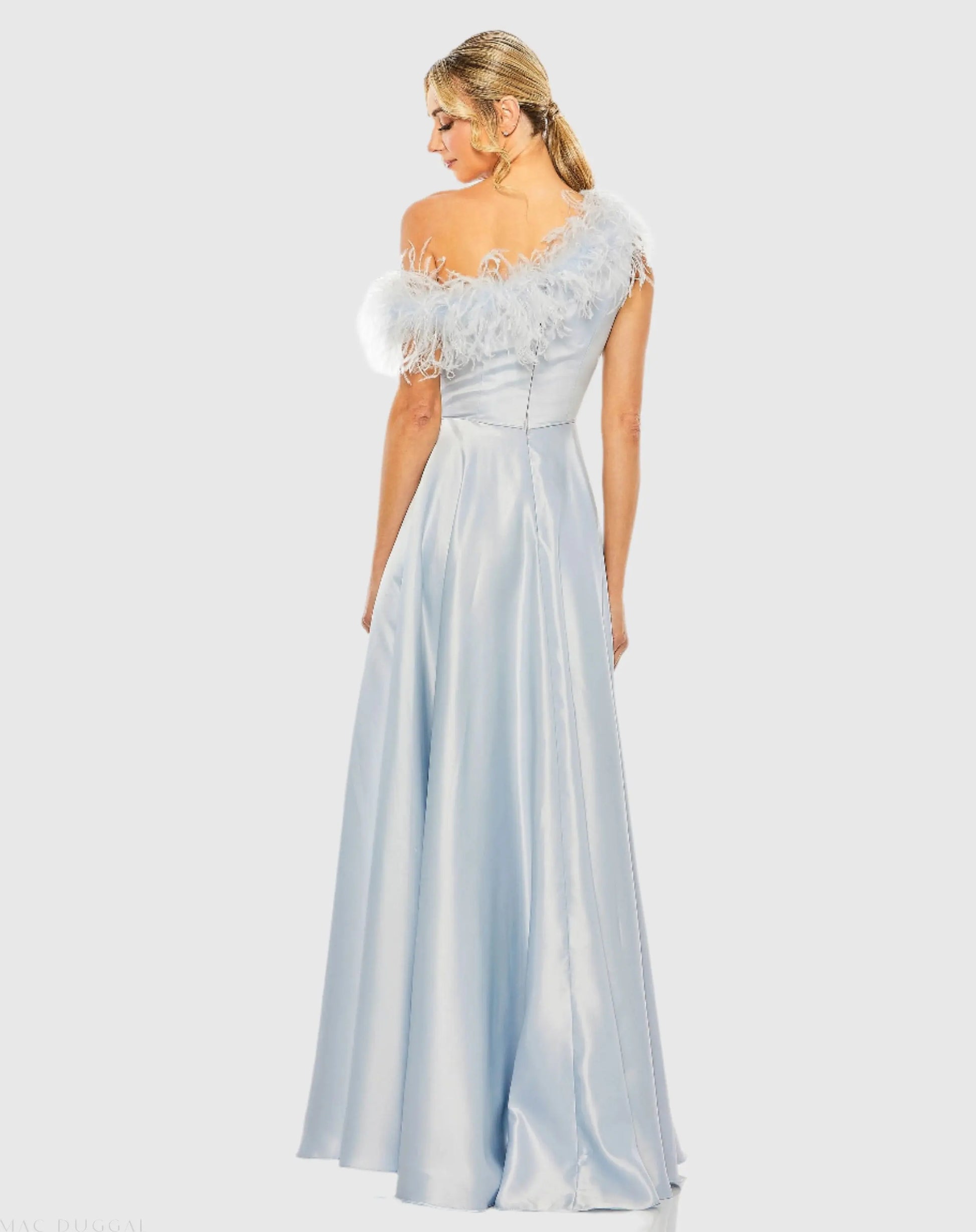 Blue One Shoulder A Line Gown With Feather Detail - Mac Duggal