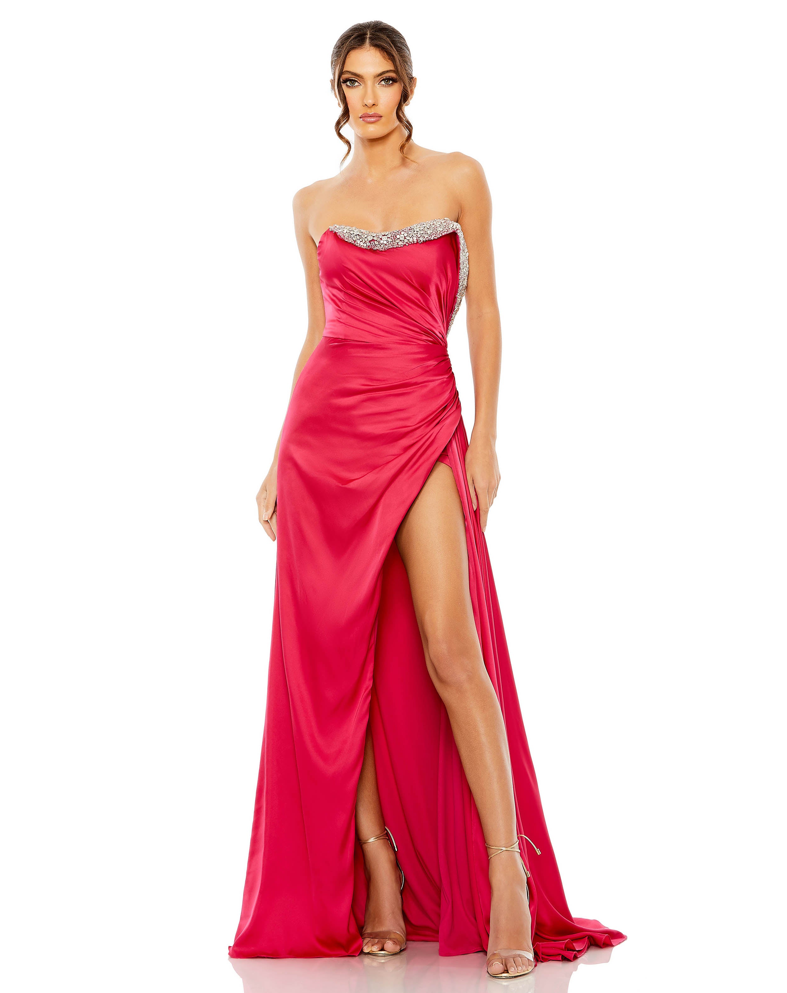 Strapless Ruched Embellished Gown
