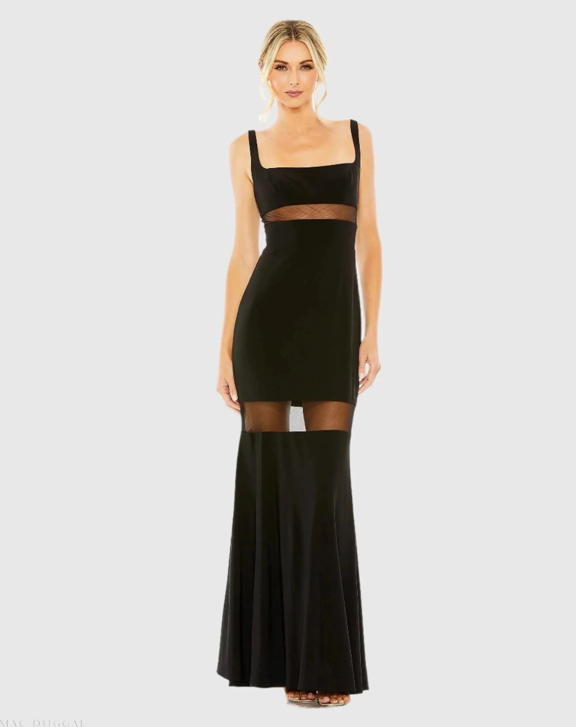 Black Sheer Mesh Panel Detail Column Gown - Ieena for Mac Duggal