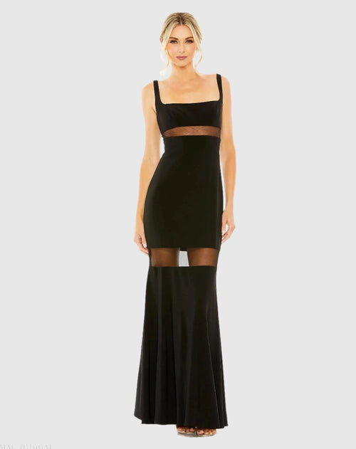 Black Sheer Mesh Panel Detail Column Gown - Ieena for Mac Duggal