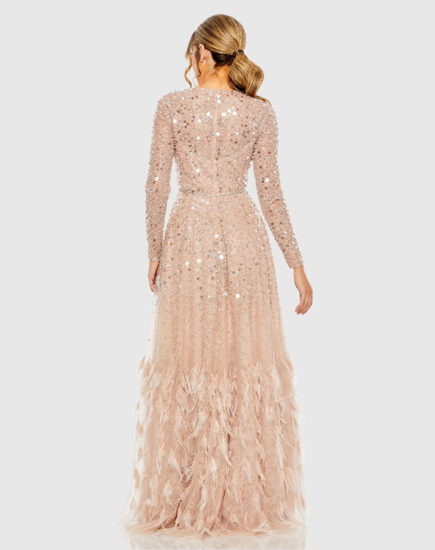 Disc Embellished Sequin Gown with Feather Detail