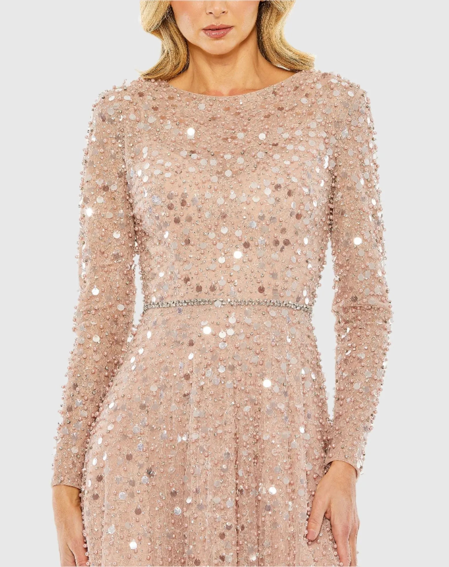 Pink Disc Embellished Sequin Gown with Feather Detail - Mac Duggal