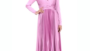 Pleated Long Sleeve V-Neck Gown