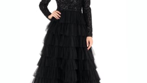 mac duggal tiered ruffle crew neck long sleeve midi dress Long Sleeve Ruffle Tiered Midi Dress