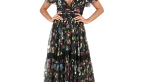 Floral Print Pleated Wrap Over Butterfly Sleeve Maxi Dress