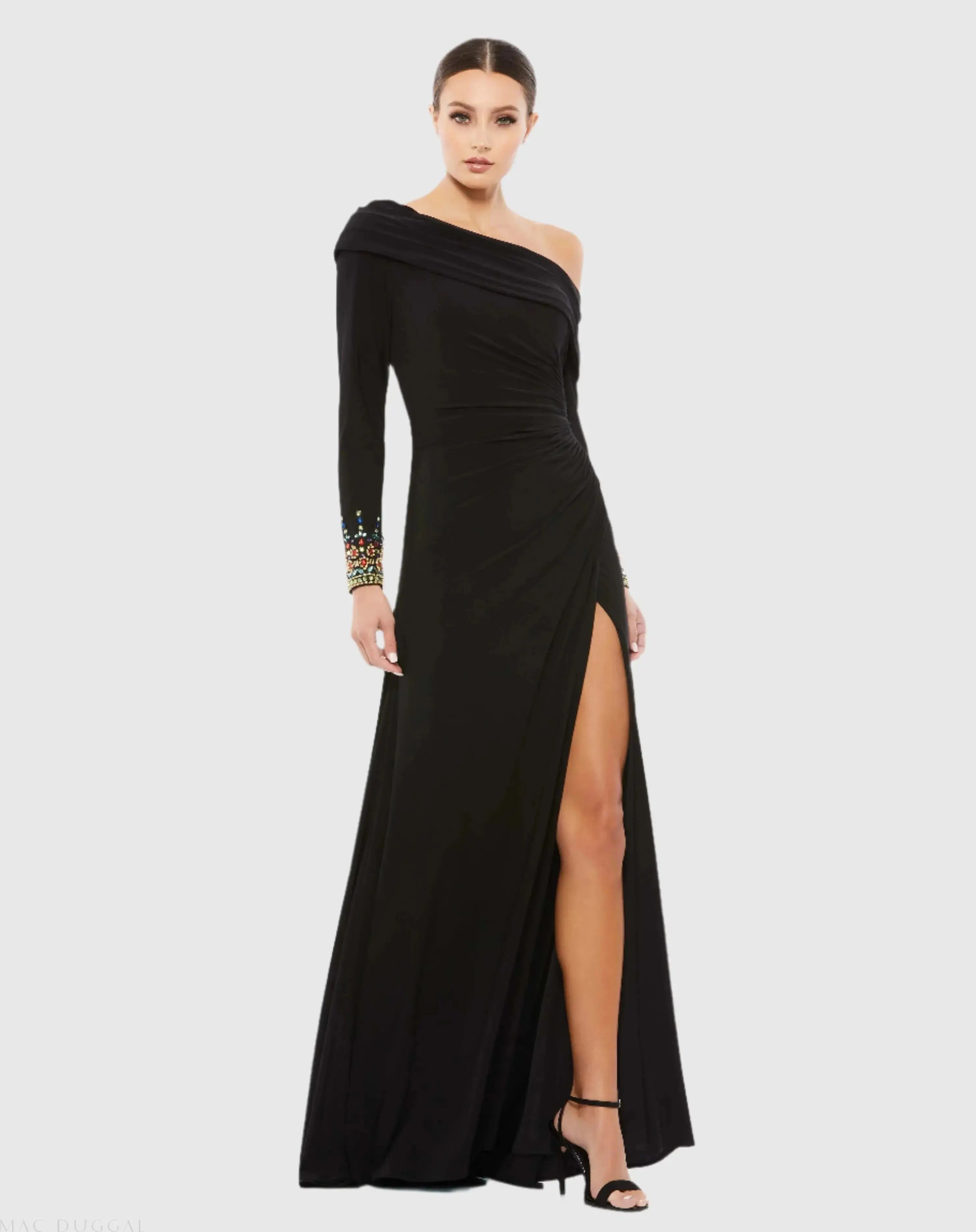 Black Multicolor Beaded Cuff Drop Shoulder Faux Wrap Gown - Mac Duggal