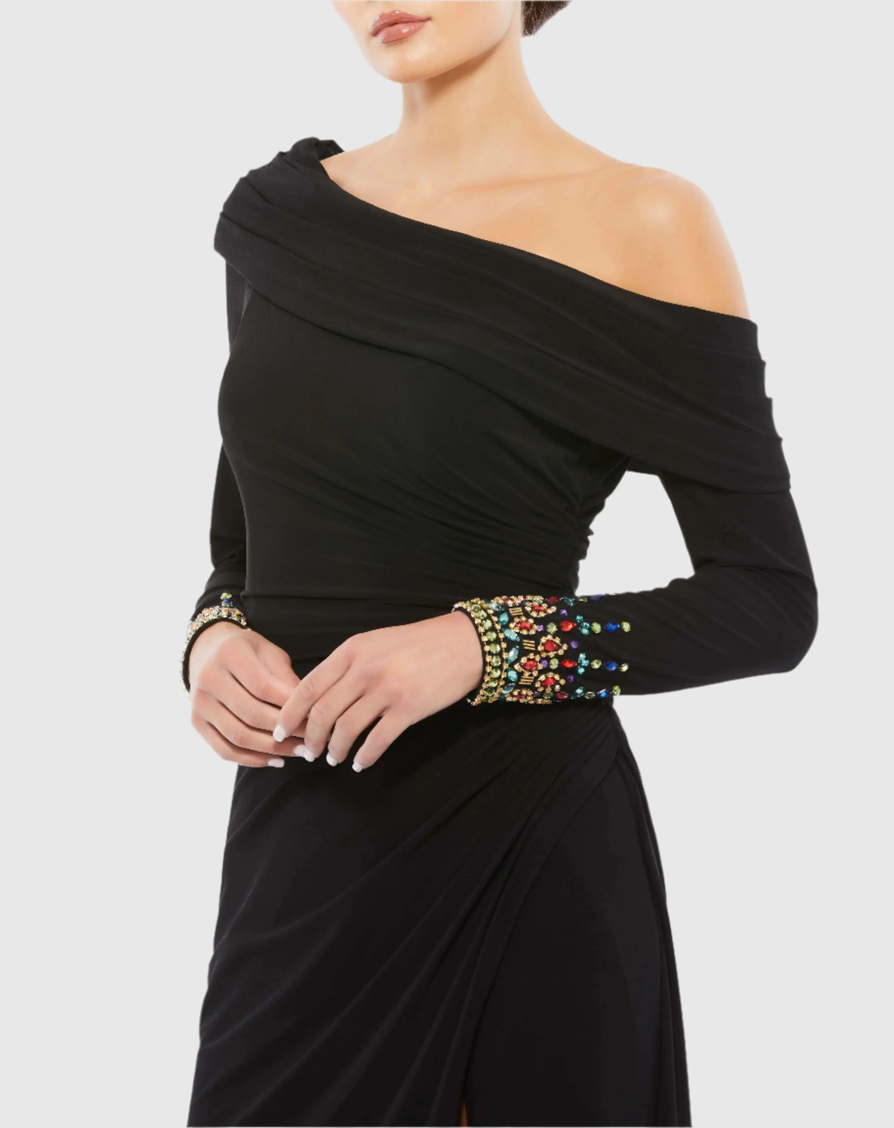 Black Multicolor Beaded Cuff Drop Shoulder Faux Wrap Gown - Mac Duggal