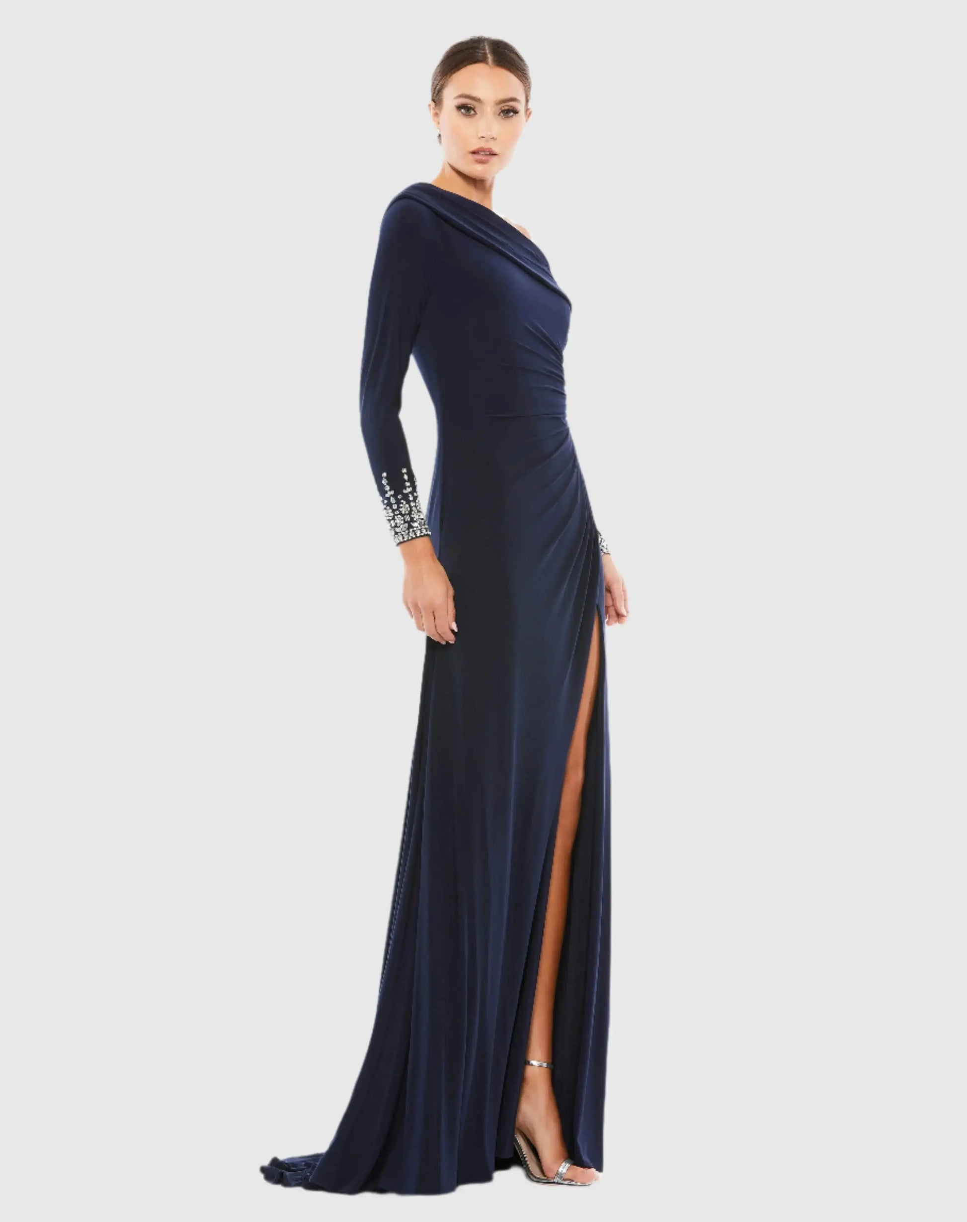 Navy Beaded Cuff Drop Shoulder Faux Wrap Gown Mac Duggal