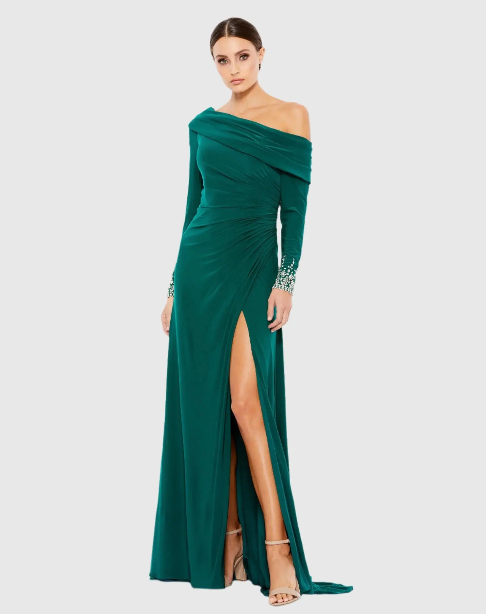 Beaded Cuff Drop Shoulder Faux Wrap Dress Mac Duggal Beaded Cuff Drop Shoulder Faux Wrap Dress Mac Duggal