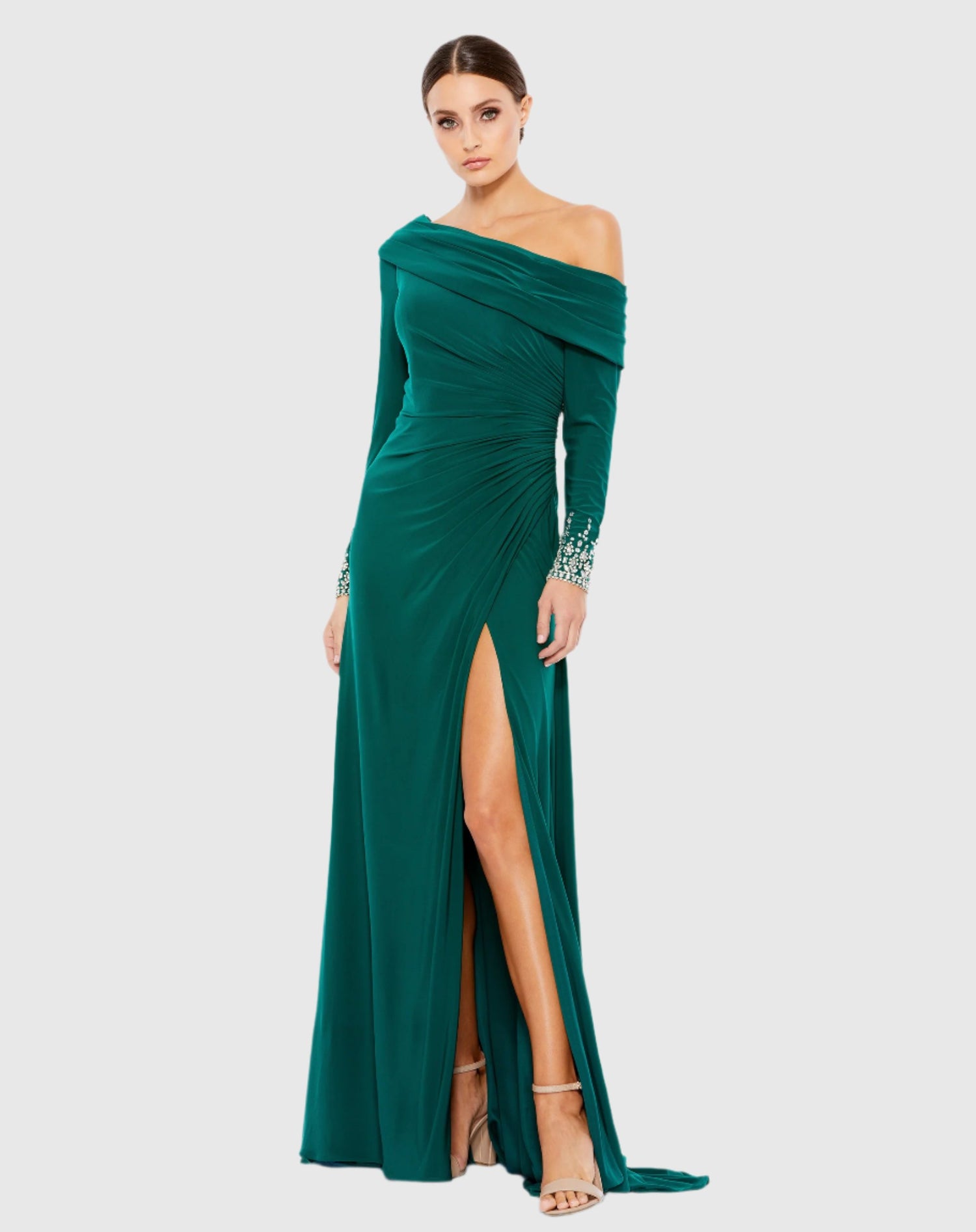 Beaded Cuff Drop Shoulder Faux Wrap Gown