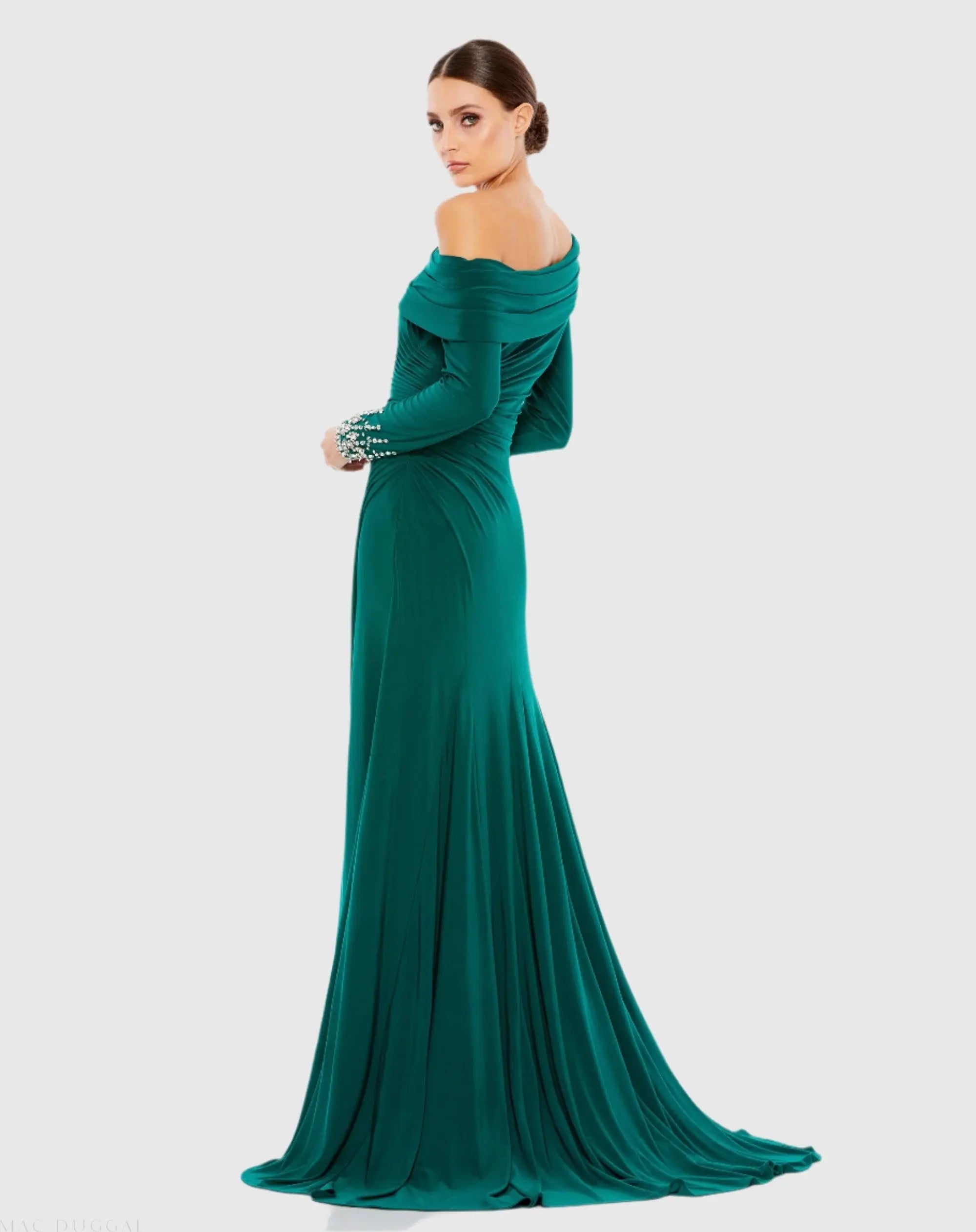 Green Beaded Cuff Drop Shoulder Faux Wrap Gown - Mac Duggal