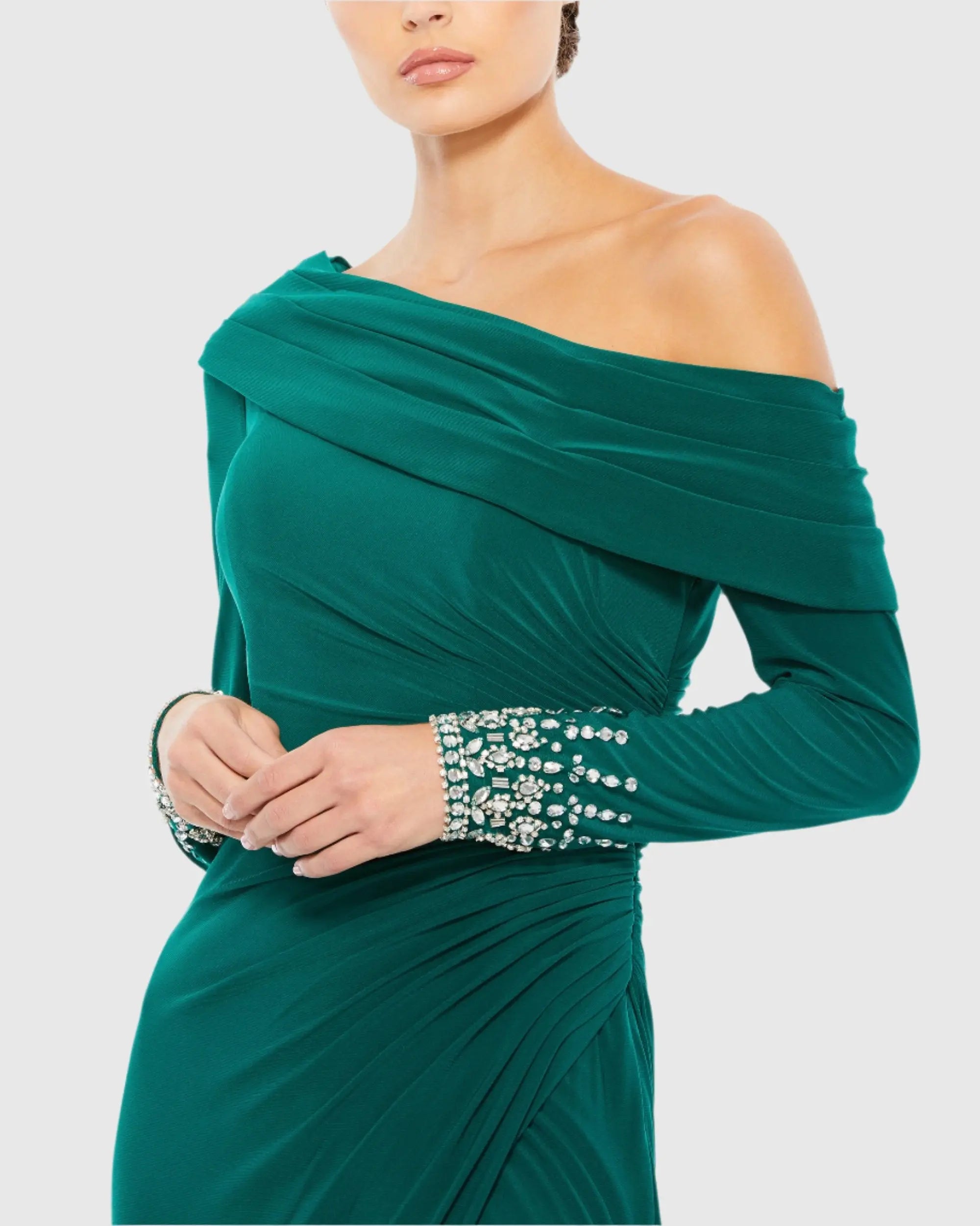 Green Beaded Cuff Drop Shoulder Faux Wrap Gown - Mac Duggal