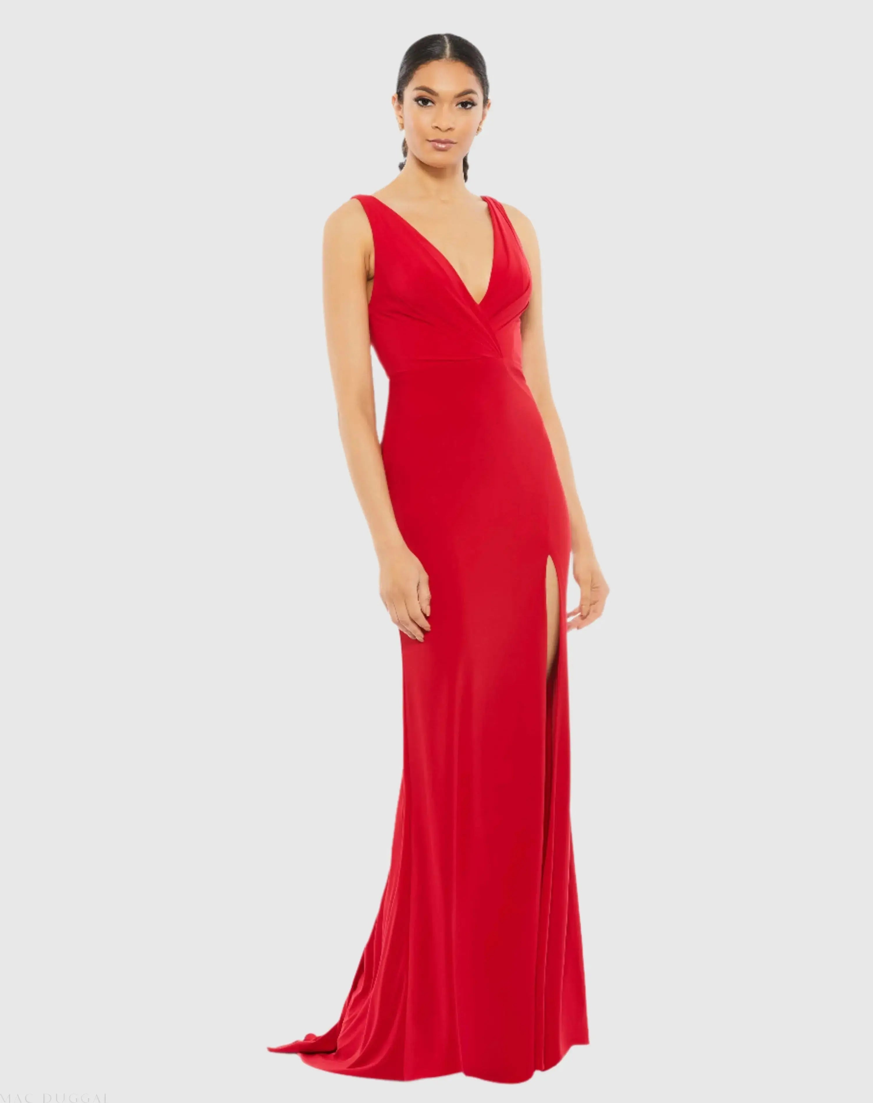 Red Sleeveless V Neck Jersey Gown - Ieena for Mac Duggal