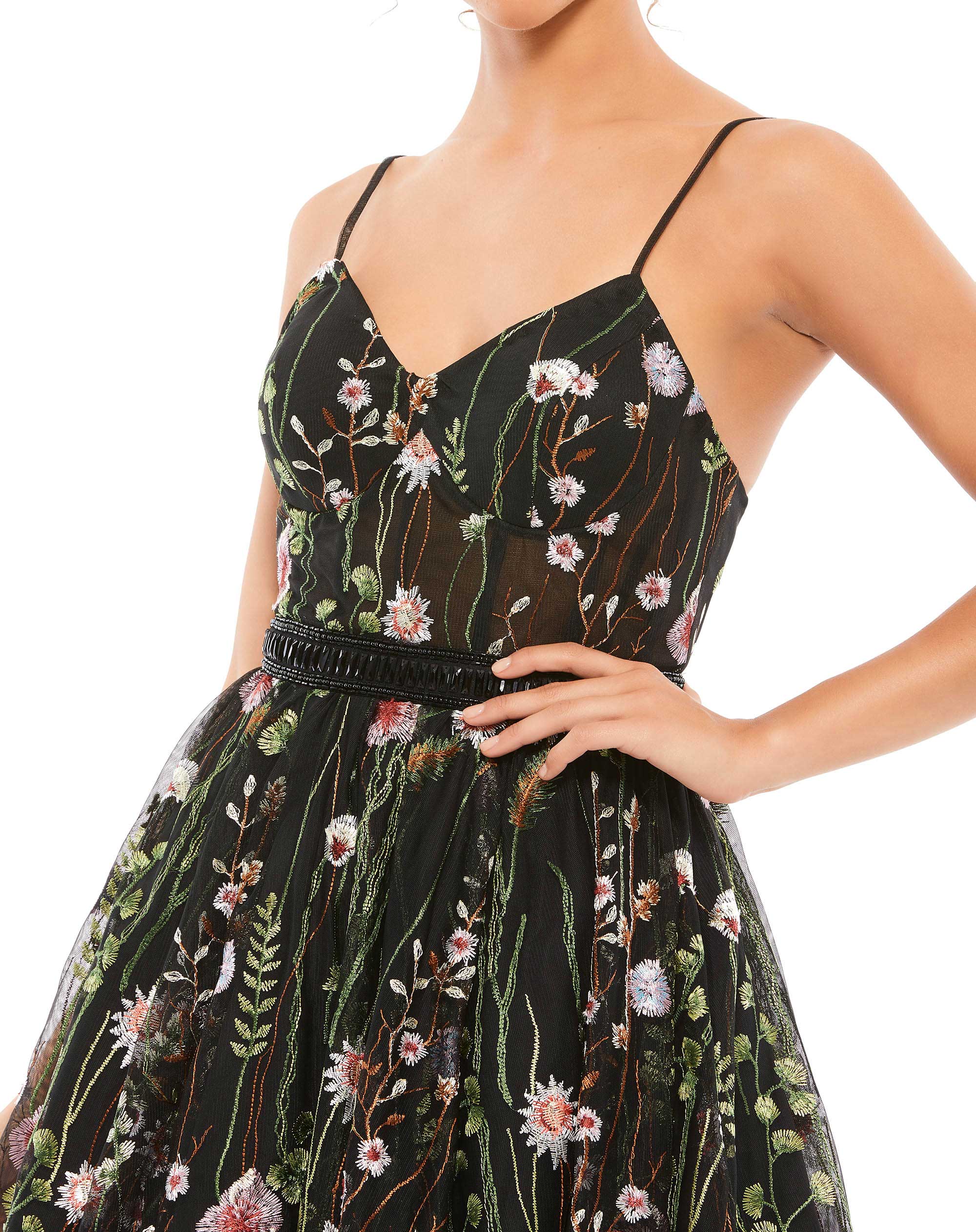 FLORAL EMBROIDERED BUSTIER A-LINE DRESS