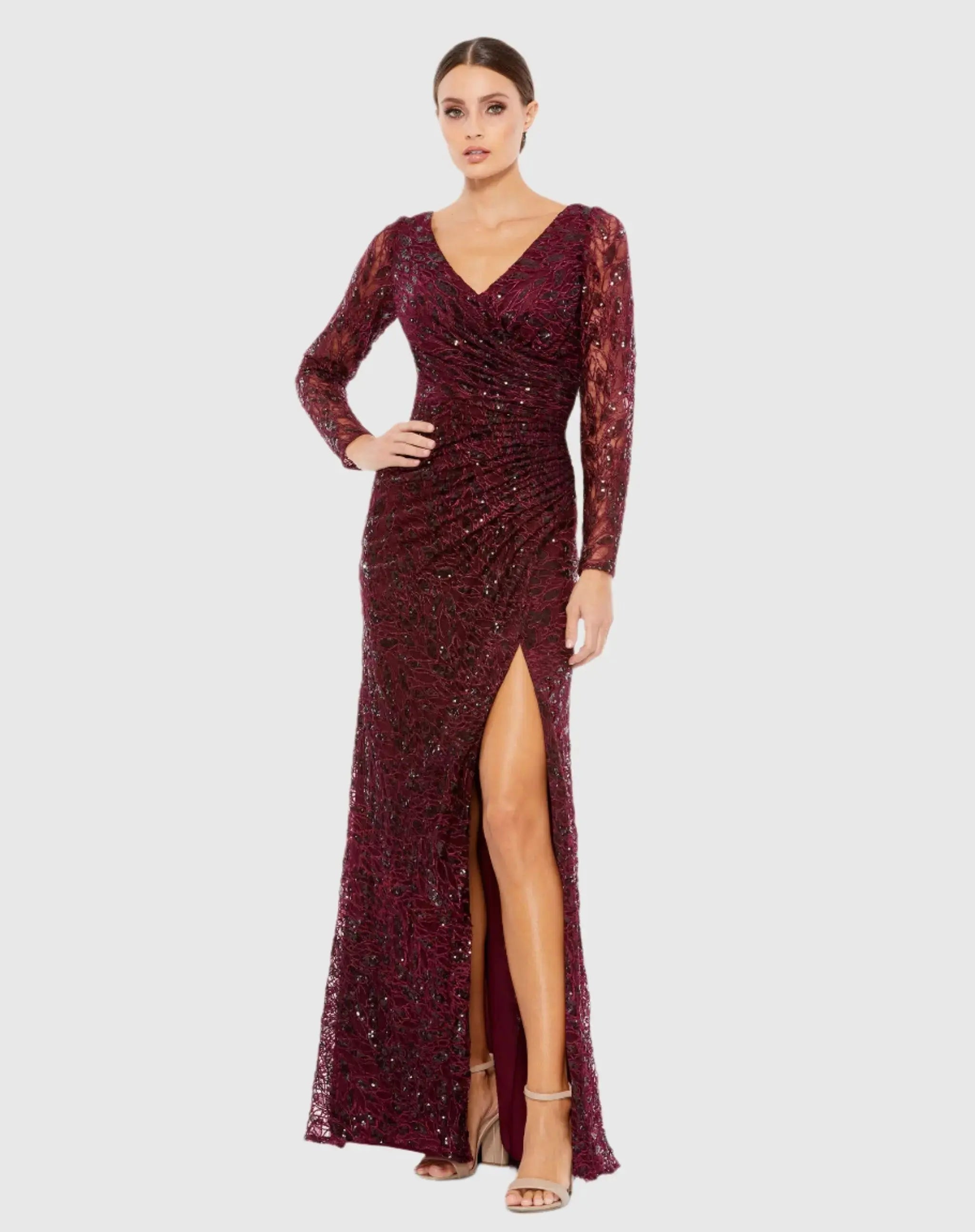 Red Long Sleeve Ruched Sequined V-Neck Gown Mac Duggal