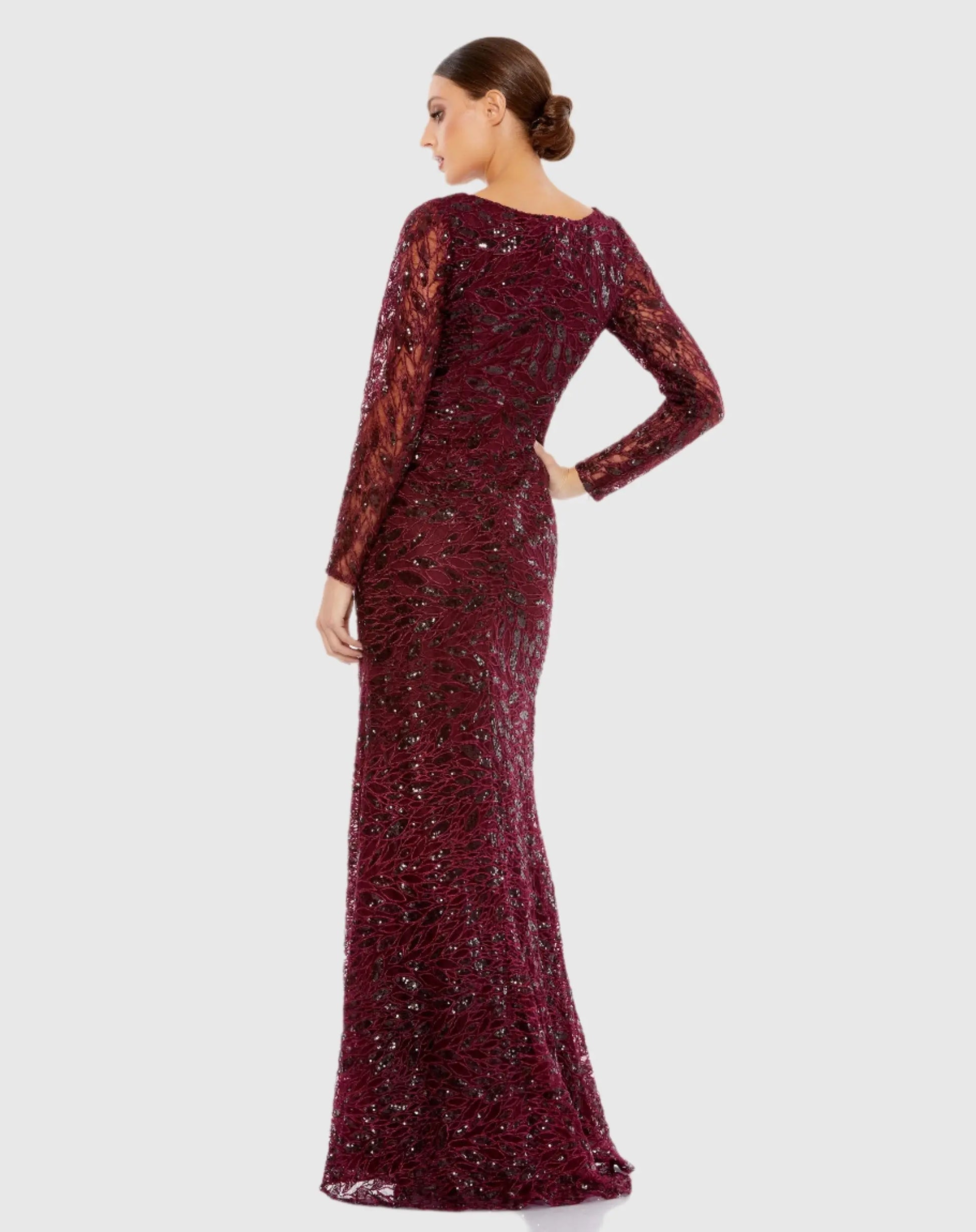 Red Long Sleeve Ruched Sequined V-Neck Gown Mac Duggal