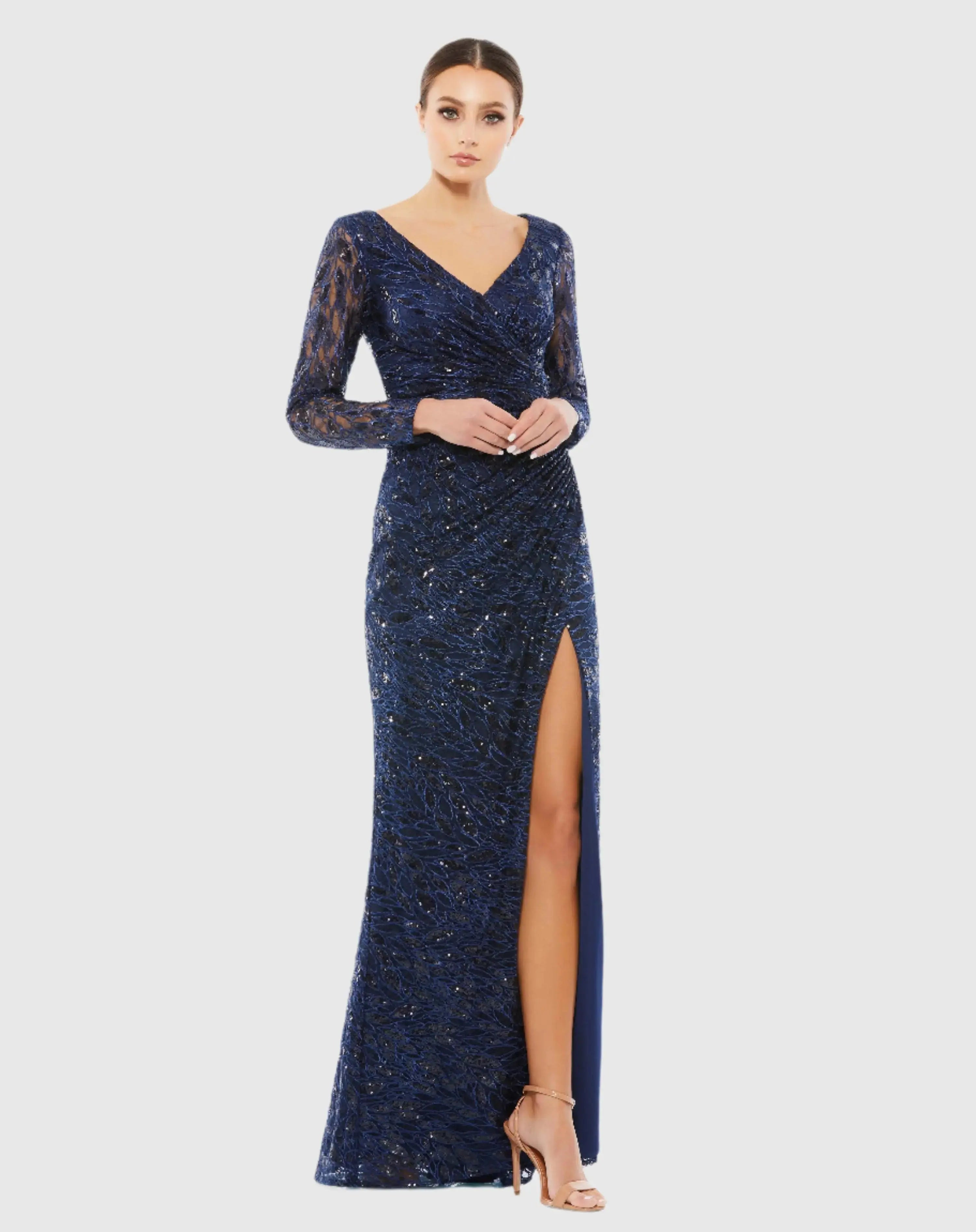Navy Long Sleeve Ruched Sequined V-Neck Gown - Mac Duggal