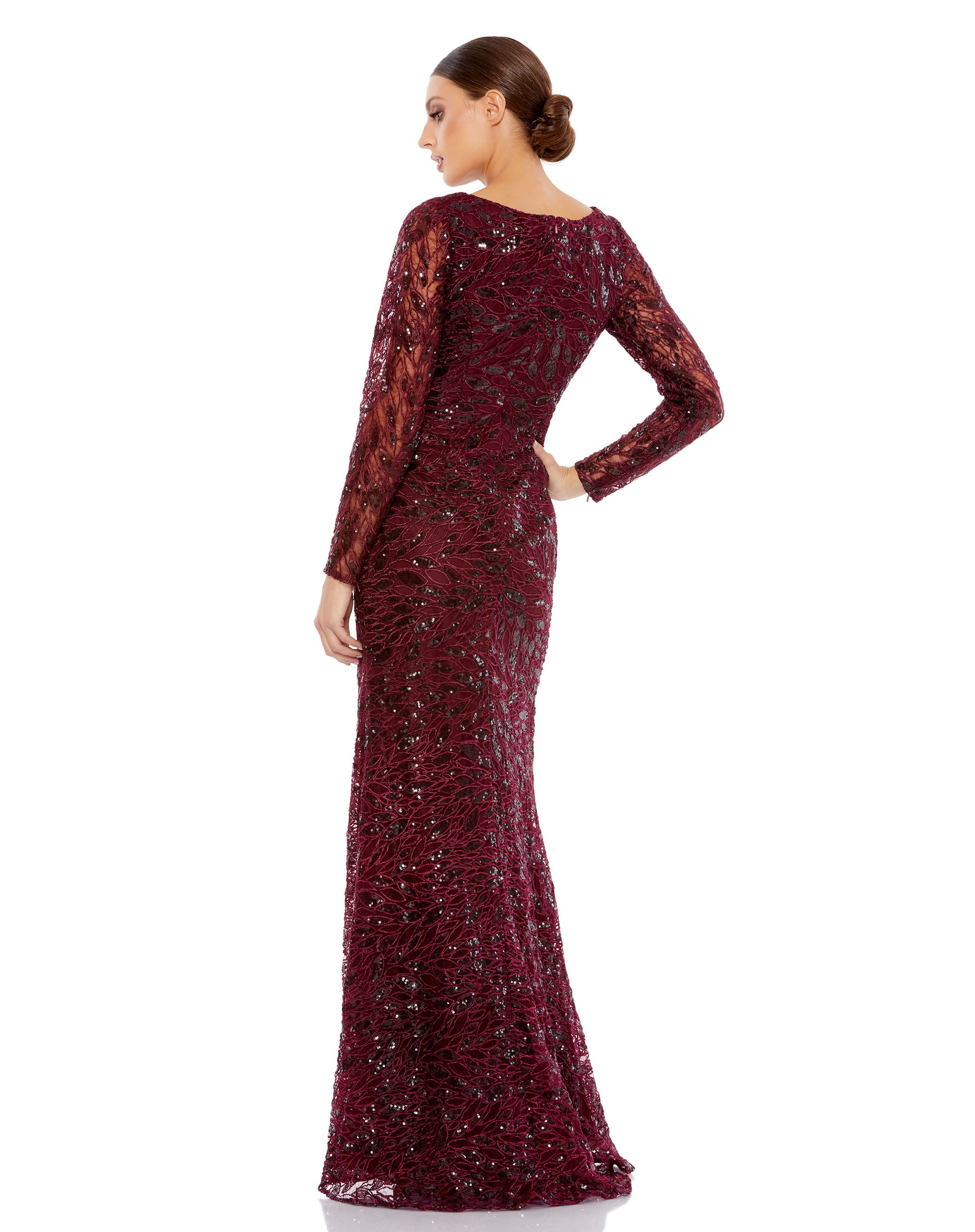 Long Sleeve Ruched Sequined V-Neck Gown