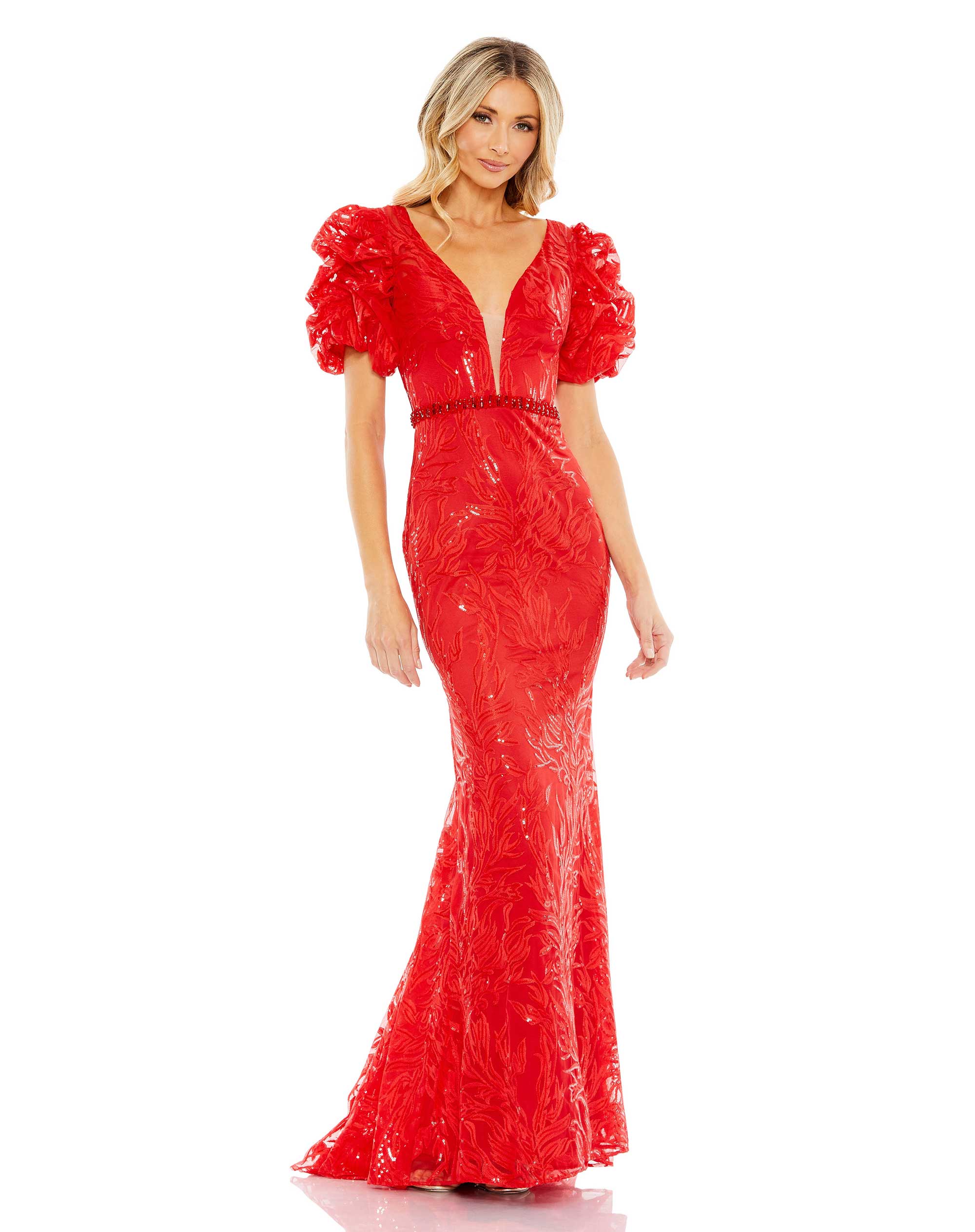 Embellished Puff Sleeve Plunge Neck Trumpet Gown