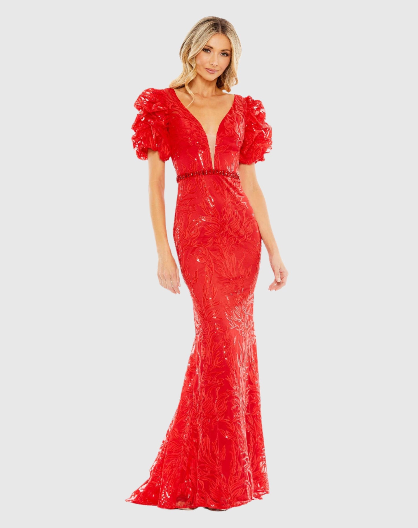 Embellished Puff Sleeve Plunge Neck Trumpet Gown