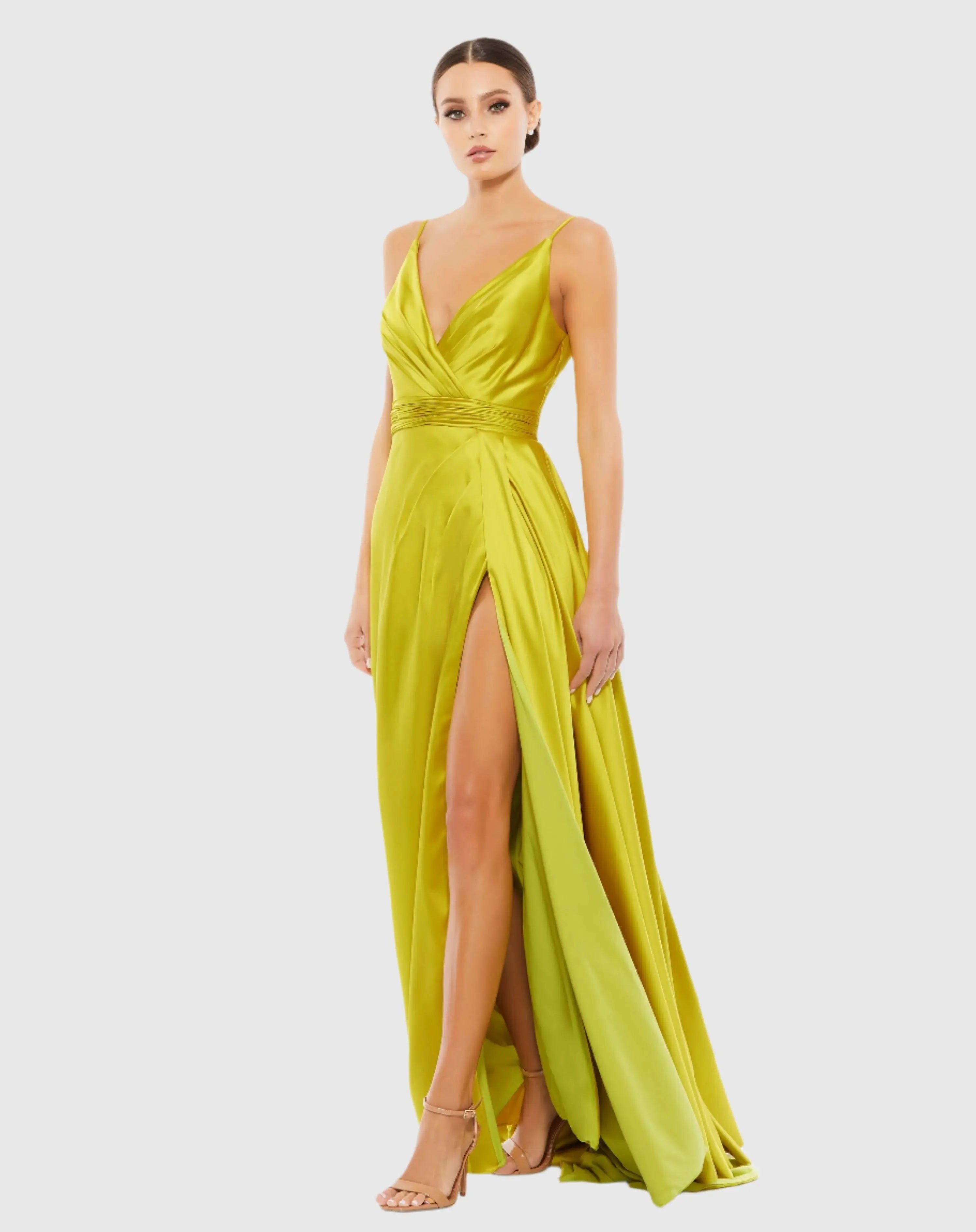 Sleeveless Faux Wrap Draped Gown