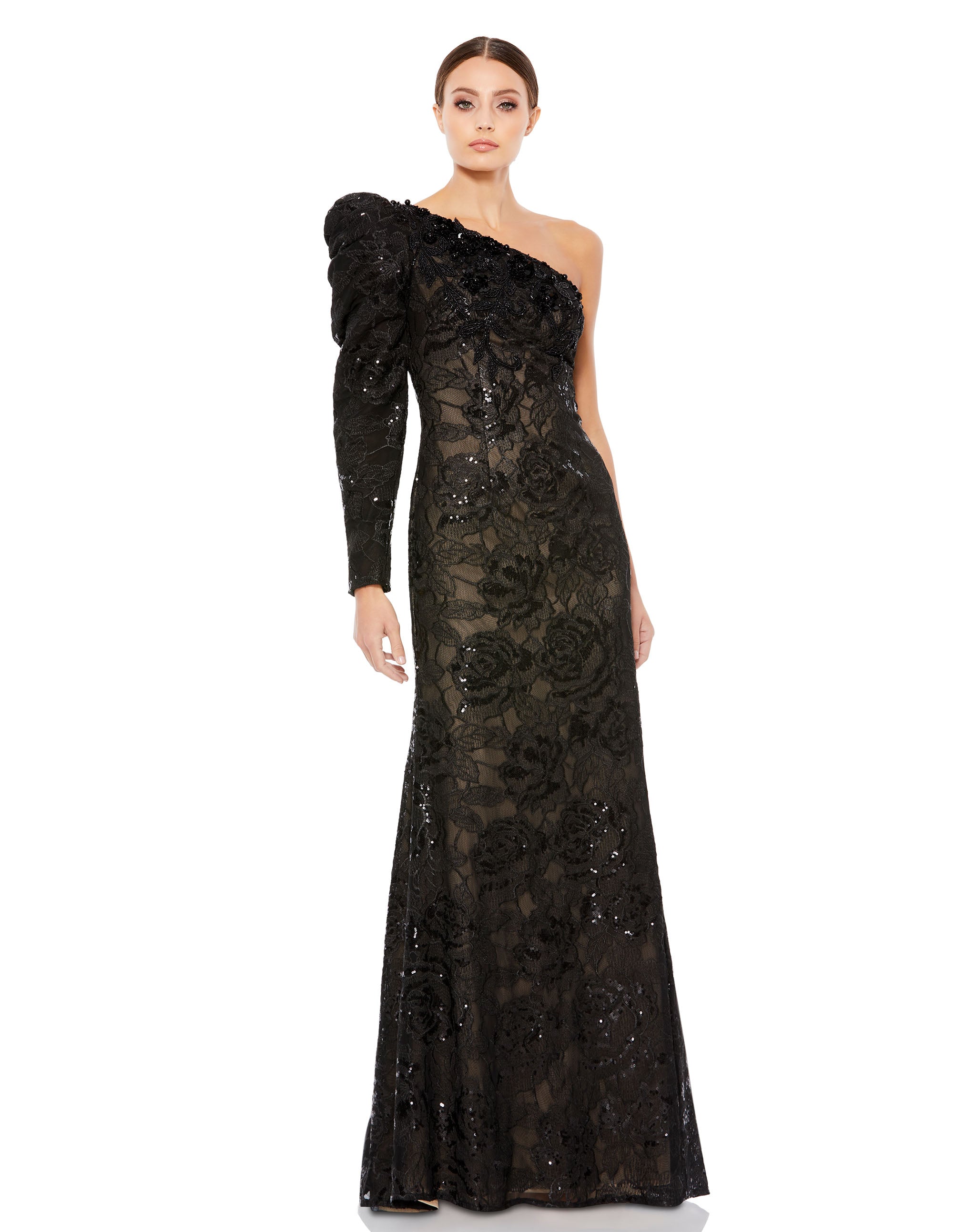 Embellished One Puff Sleeve Trumpet Gown