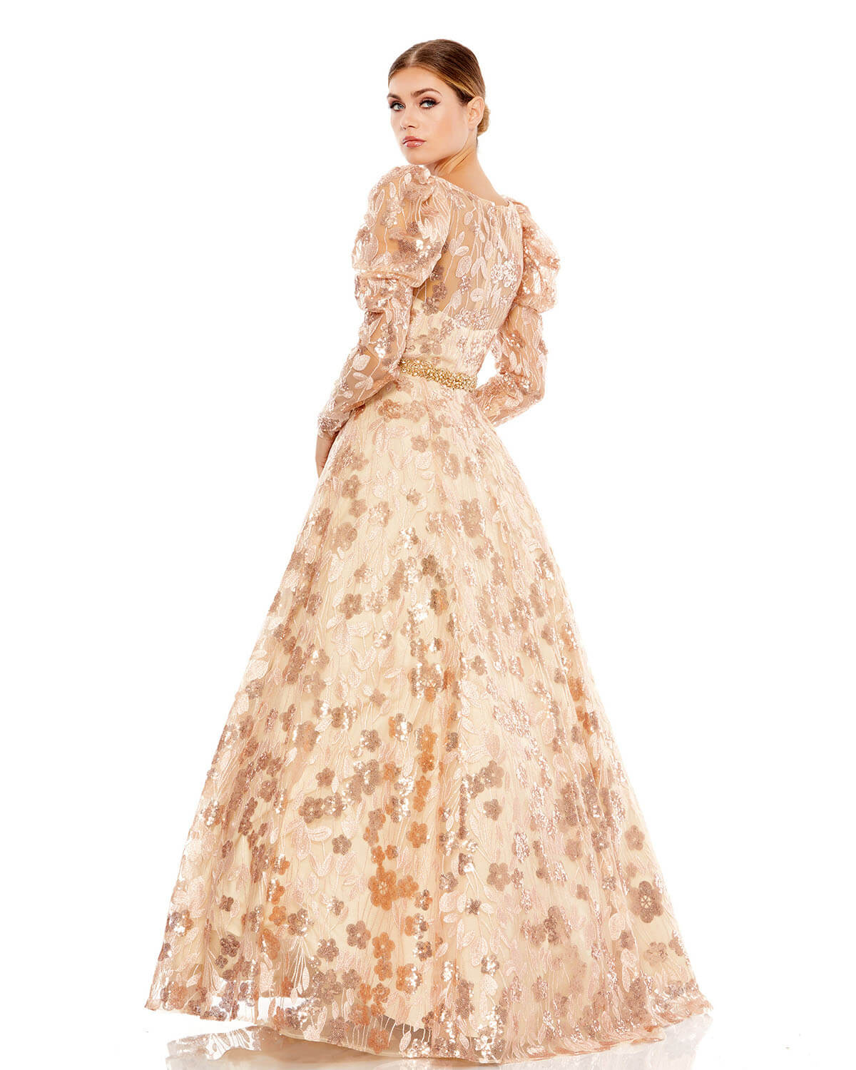 Floral Embellished Puff Sleeve A-Line Gown