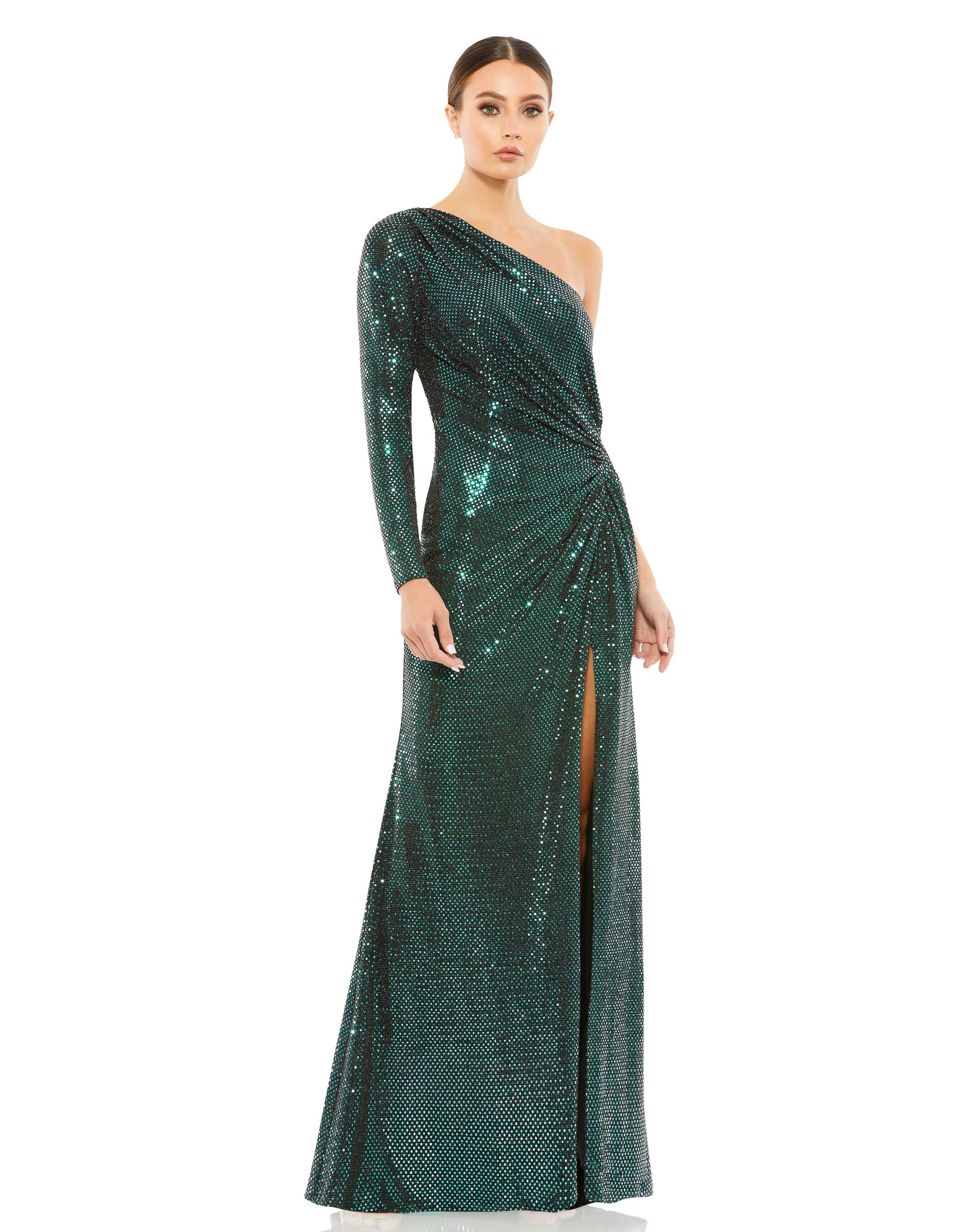 Sequined One Sleeve Draped Gown