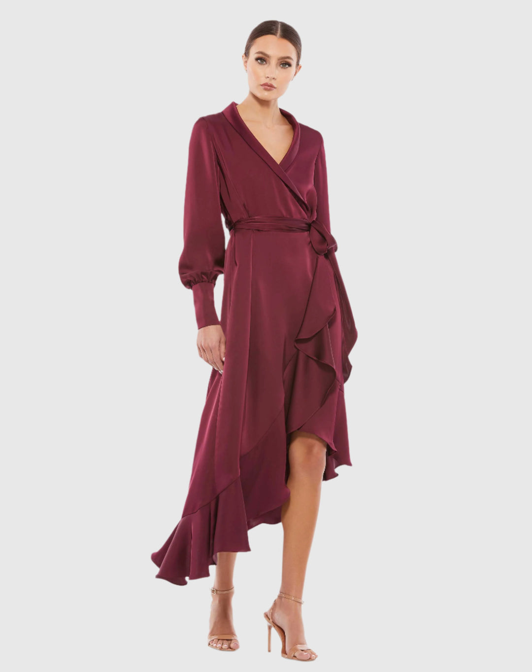 Long Sleeve Faux Wrap Midi Dress – Mac Duggal