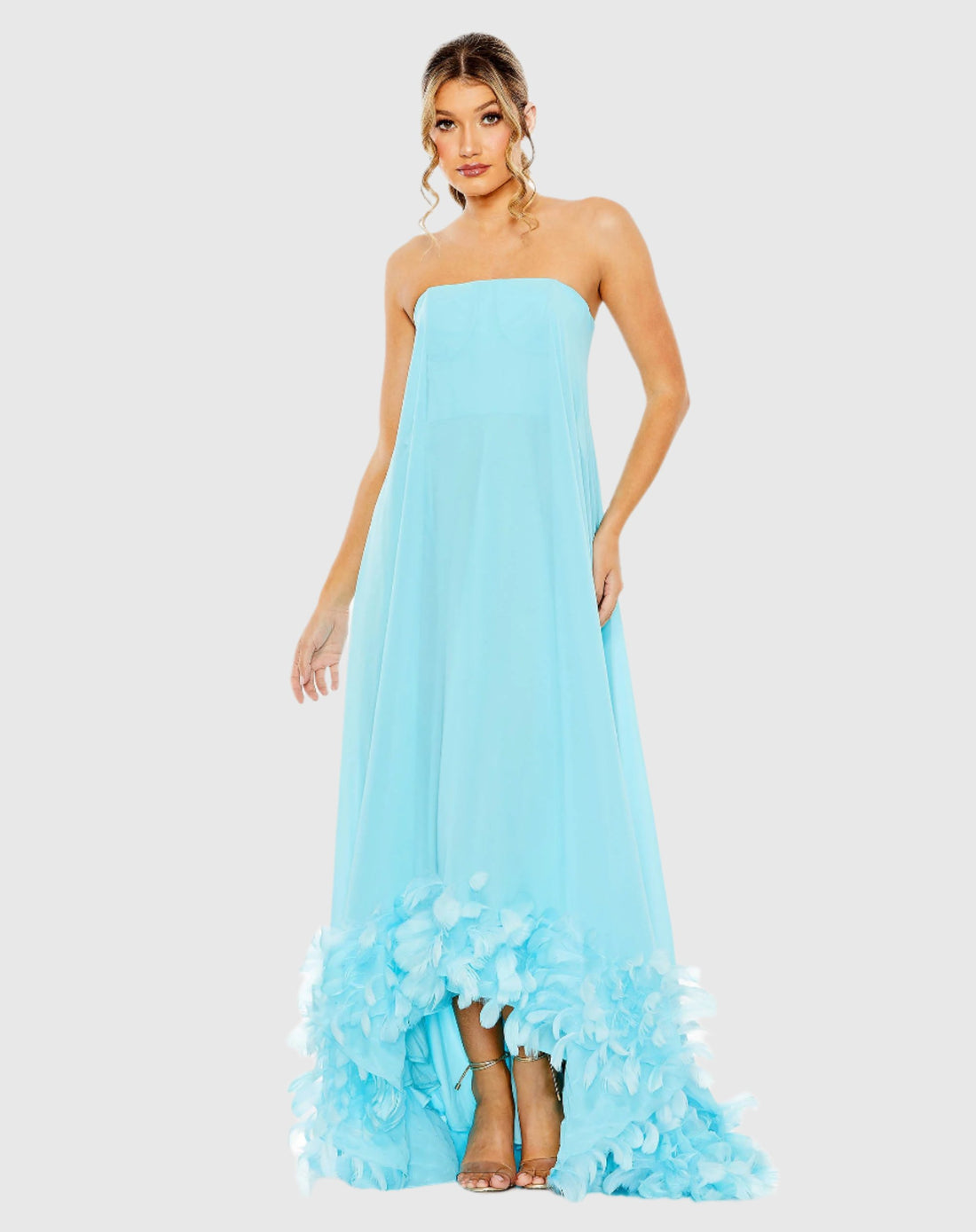 Strapless Flare Feather Hem Gown