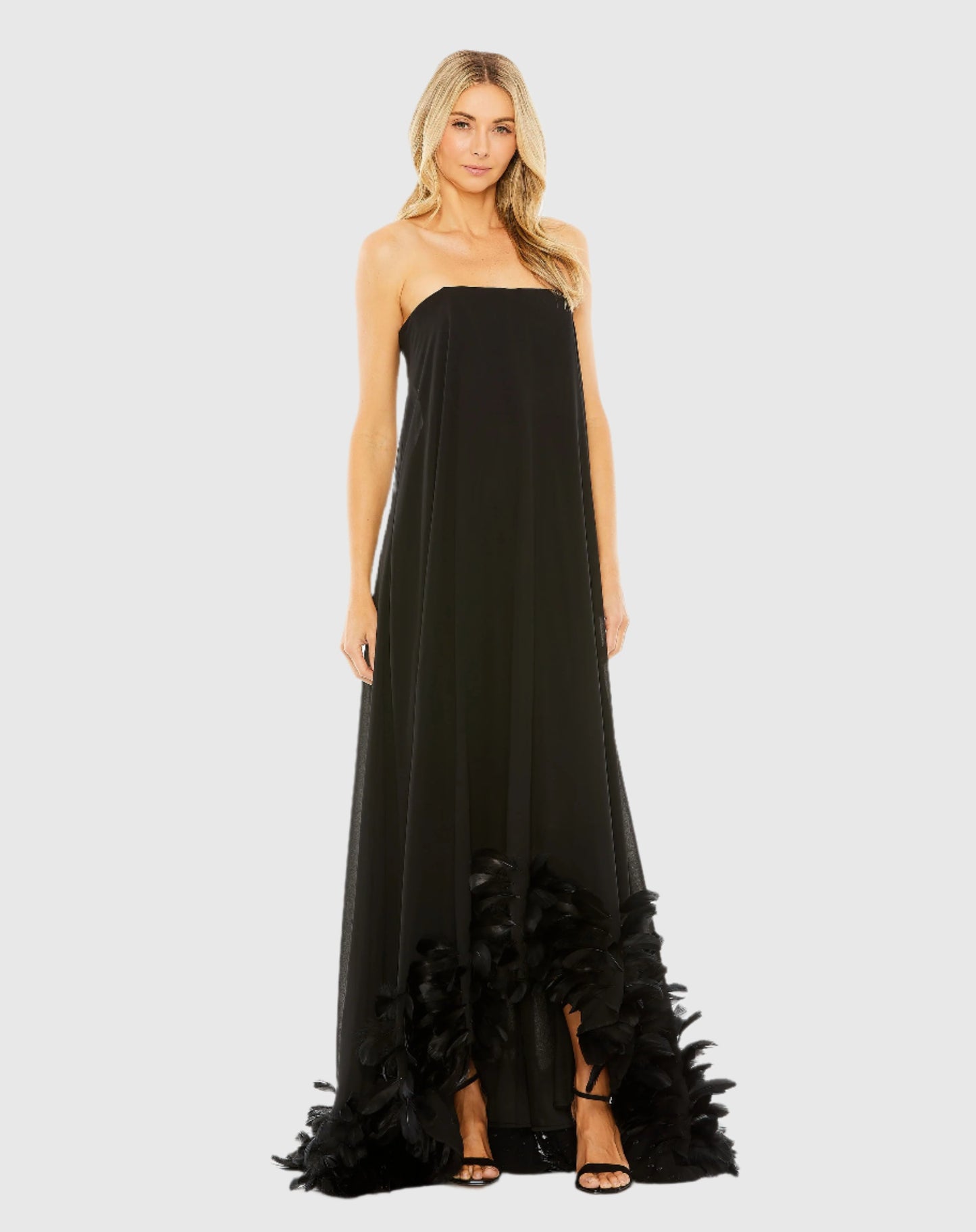 Strapless Flare Feather Hem Gown