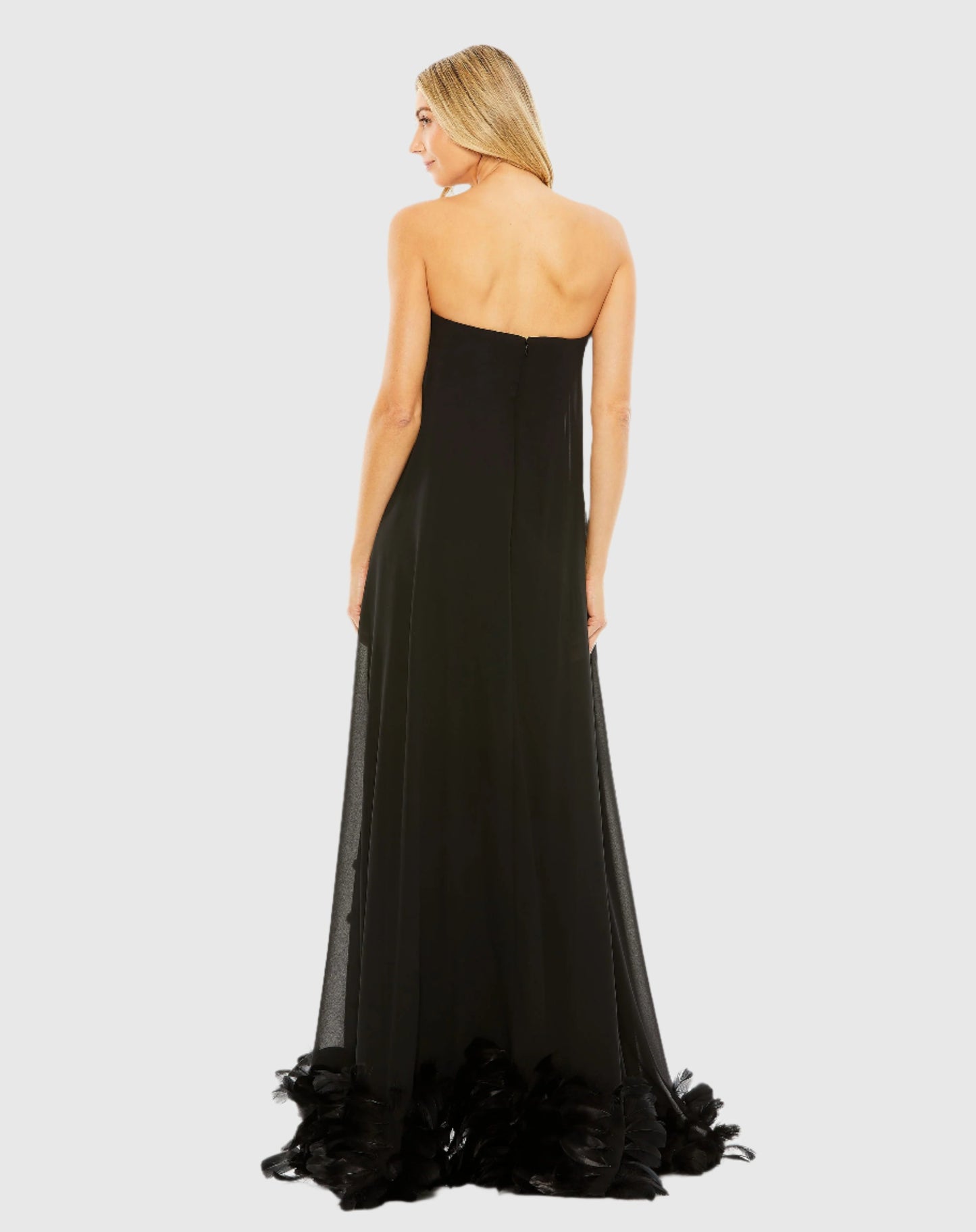 Strapless Flare Feather Hem Gown