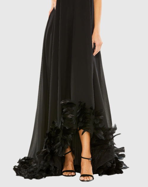 Black Strapless Flare Feather Hem Gown