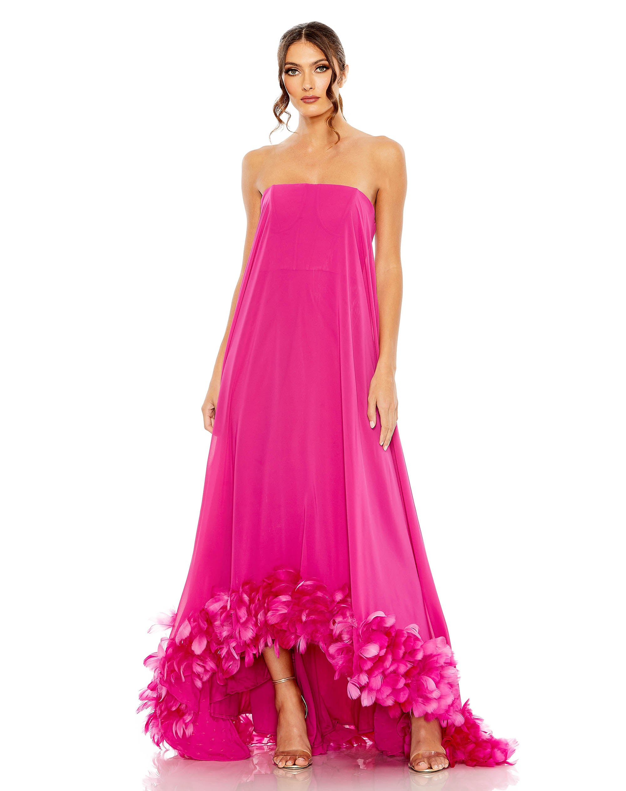 Strapless Flare Feather Hem Gown