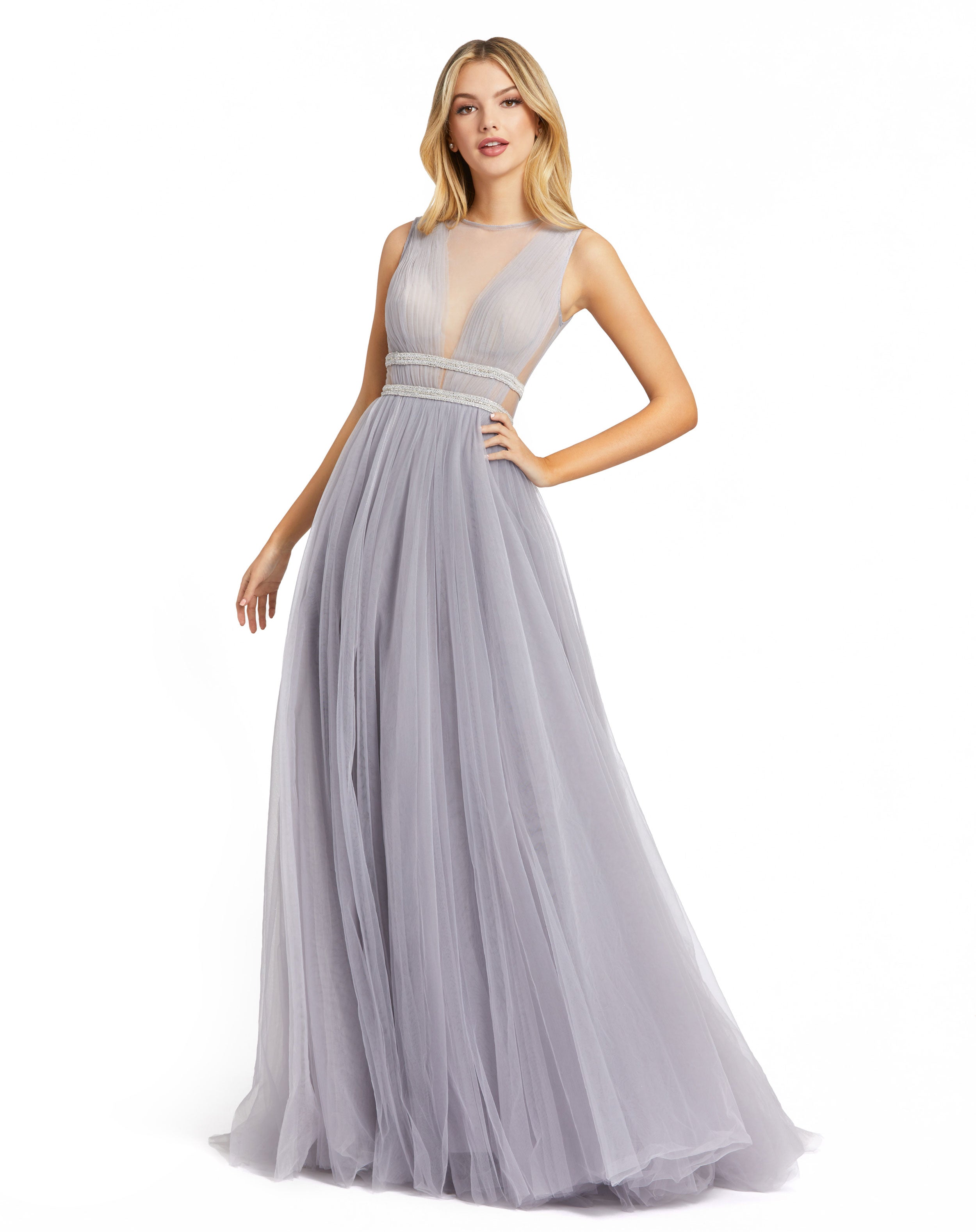 Illusion Plunge Neck Sleeveless A Line Gown