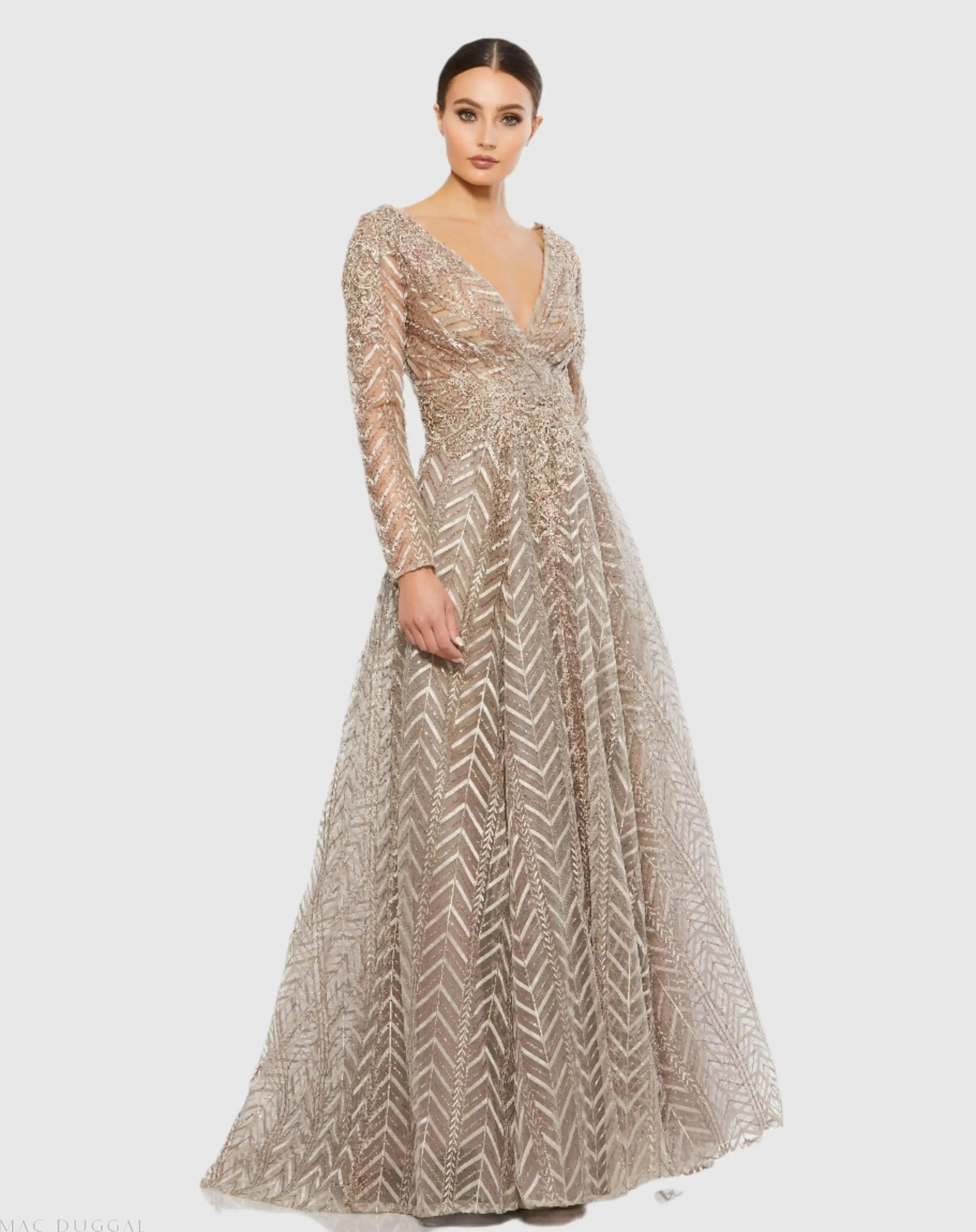 Beige Embellished Illusion Long Sleeve Wrap Over A Line Gown - Mac Duggal
