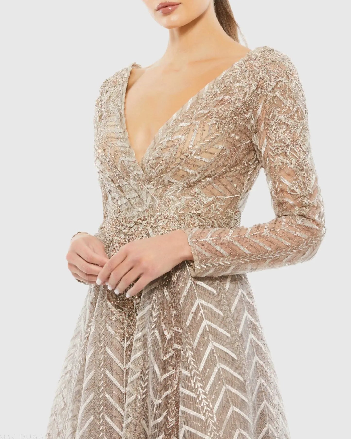 Beige Embellished Illusion Long Sleeve Wrap Over A Line Gown - Mac Duggal