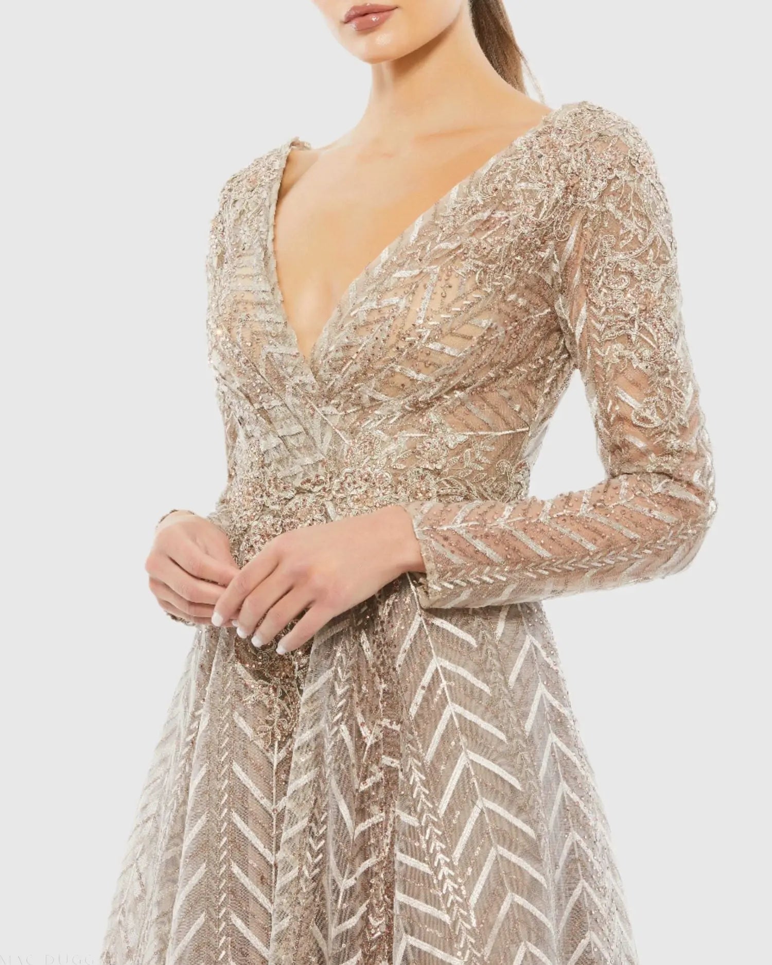 Beige Embellished Illusion Long Sleeve Wrap Over A Line Gown - Mac Duggal