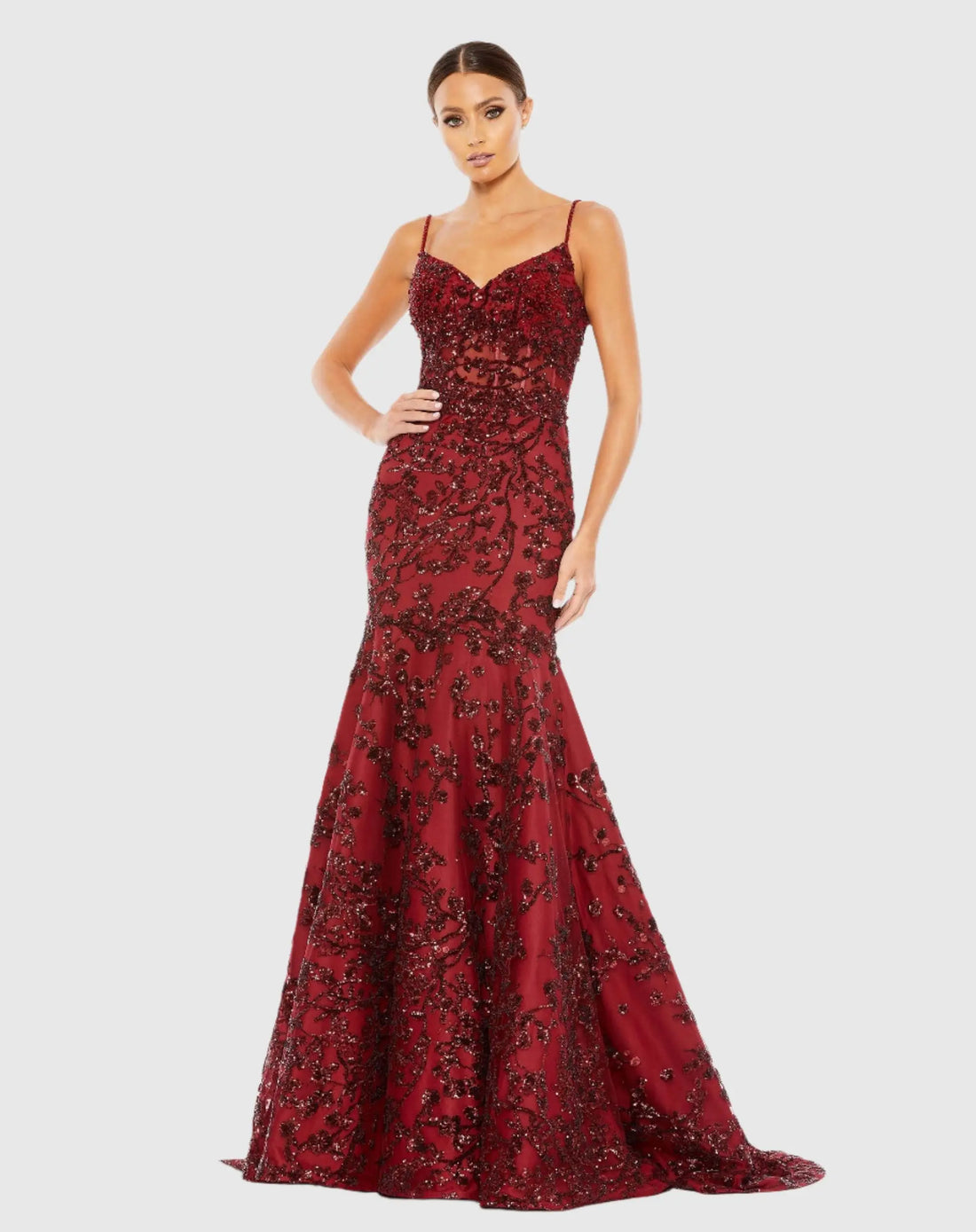 Red Sequined Illusion Corset Trumpet Gown