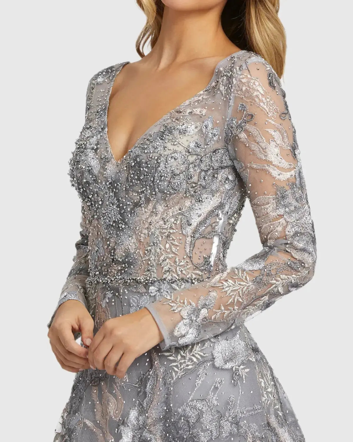 mac duggal grey dress Gray Embroidered Illusion Cap Sleeve A Line Gown