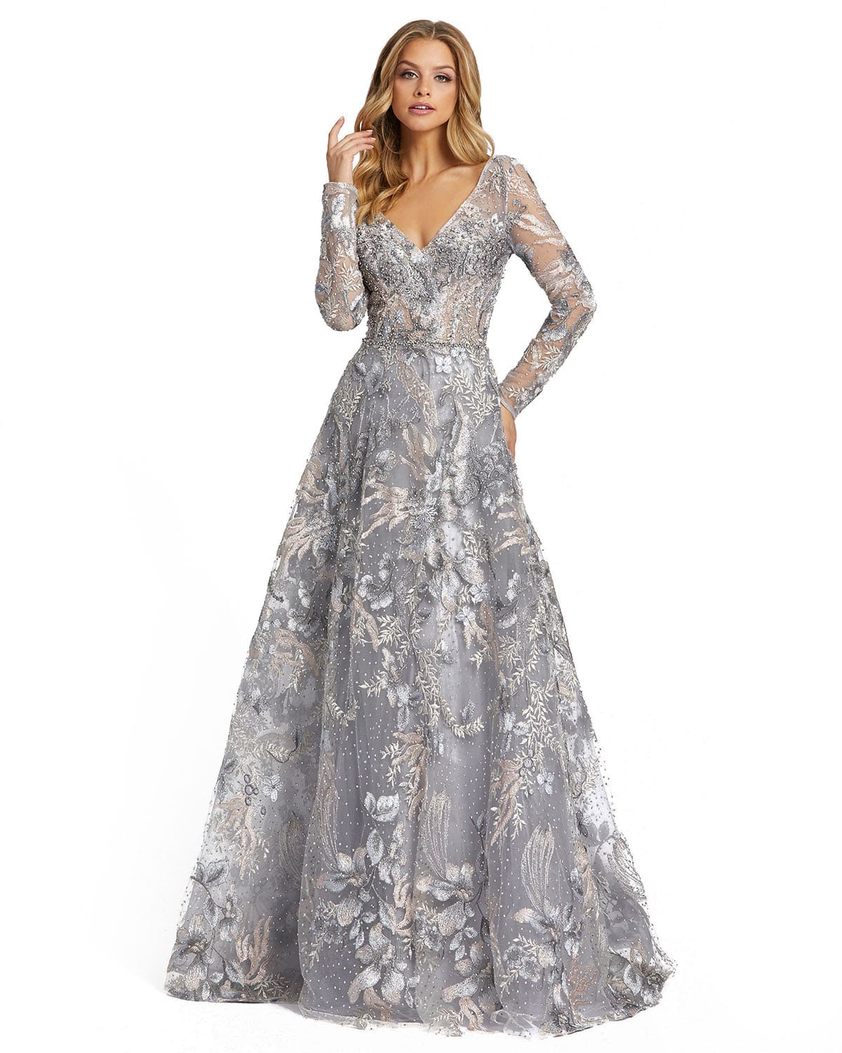 Long Sleeve Beaded Applique Gown