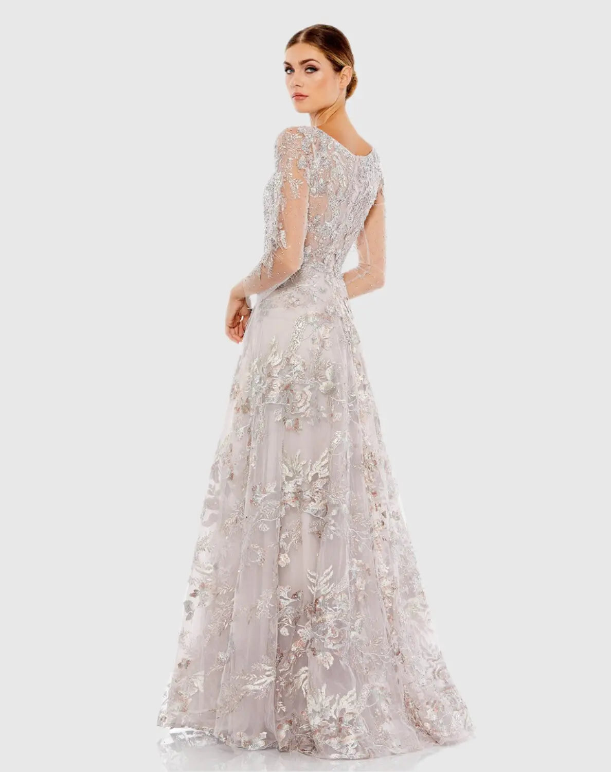 Appliqued Illusion Long Sleeve A Line Gown - Mac Duggal