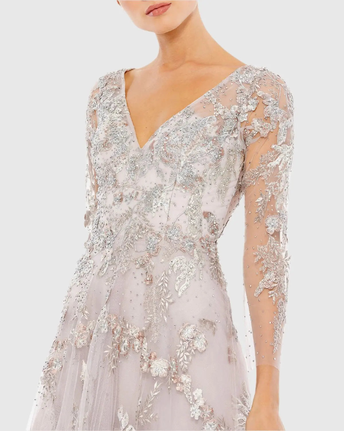 Appliqued Illusion Long Sleeve A Line Gown - Mac Duggal